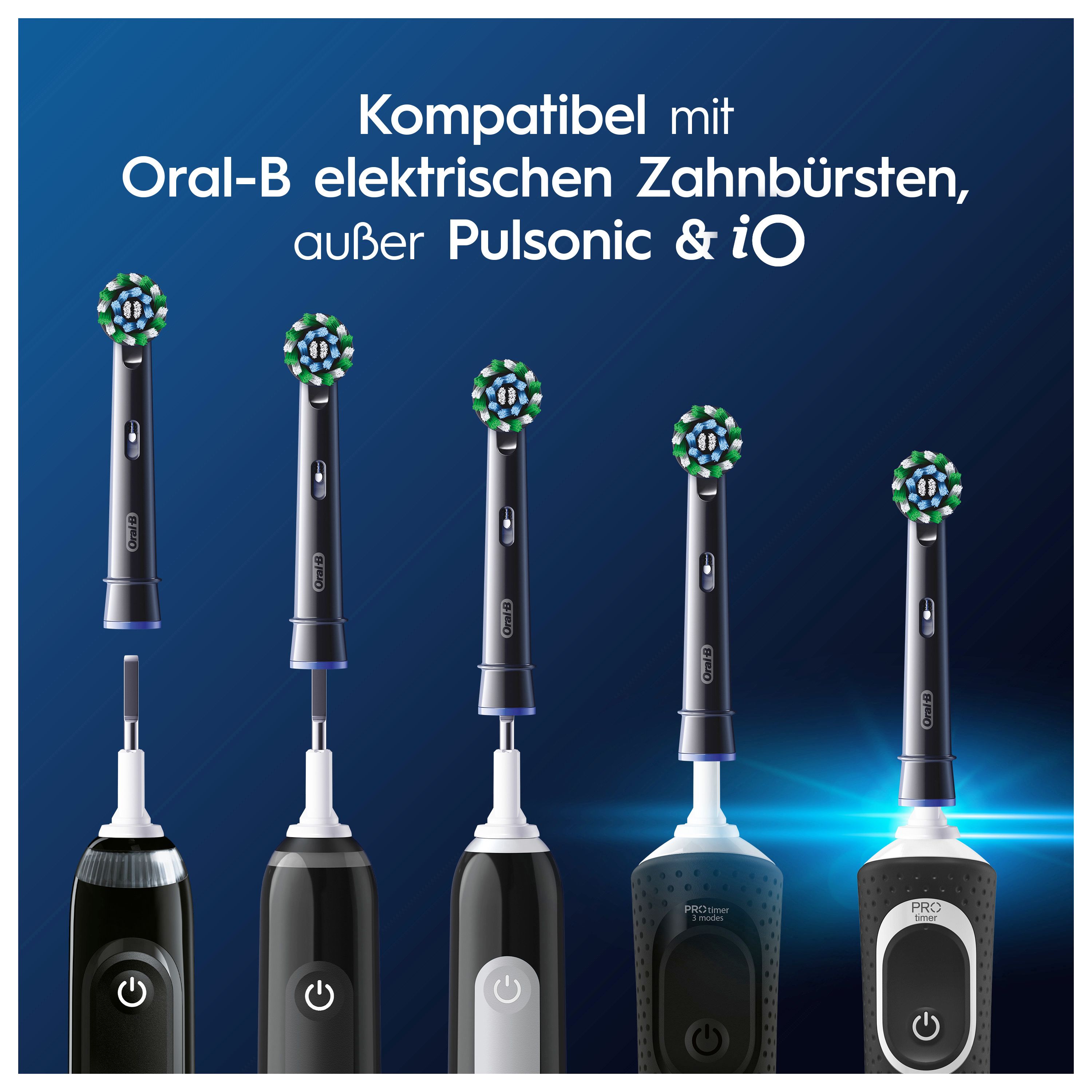 Verschiedene elektrische Zahnbürsten von Oral-B. Kompatibel mit allen Modellen außer Pulsonic & iO. Schwarzer Hintergrund.