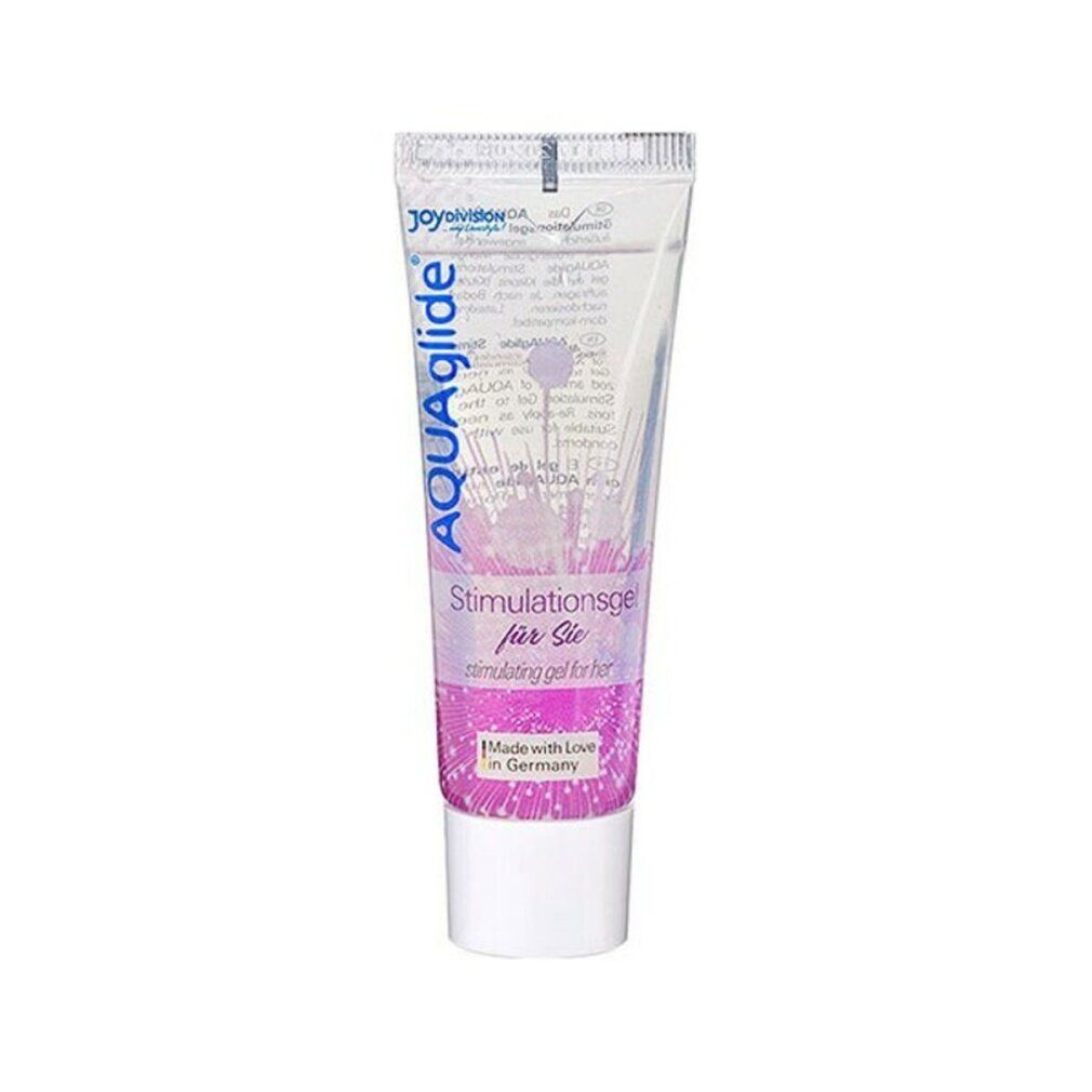 AQUAglide Stimulationsgel Tube. Transparent, rosa Akzente. Auf weißem Hintergrund.