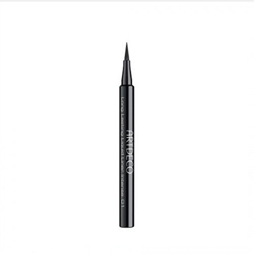 Schwarzer flüssiger Eyeliner mit schwarzer Kappe. Aufschrift: ARTDECO, Long Lasting Liquid Liner Intense 01.