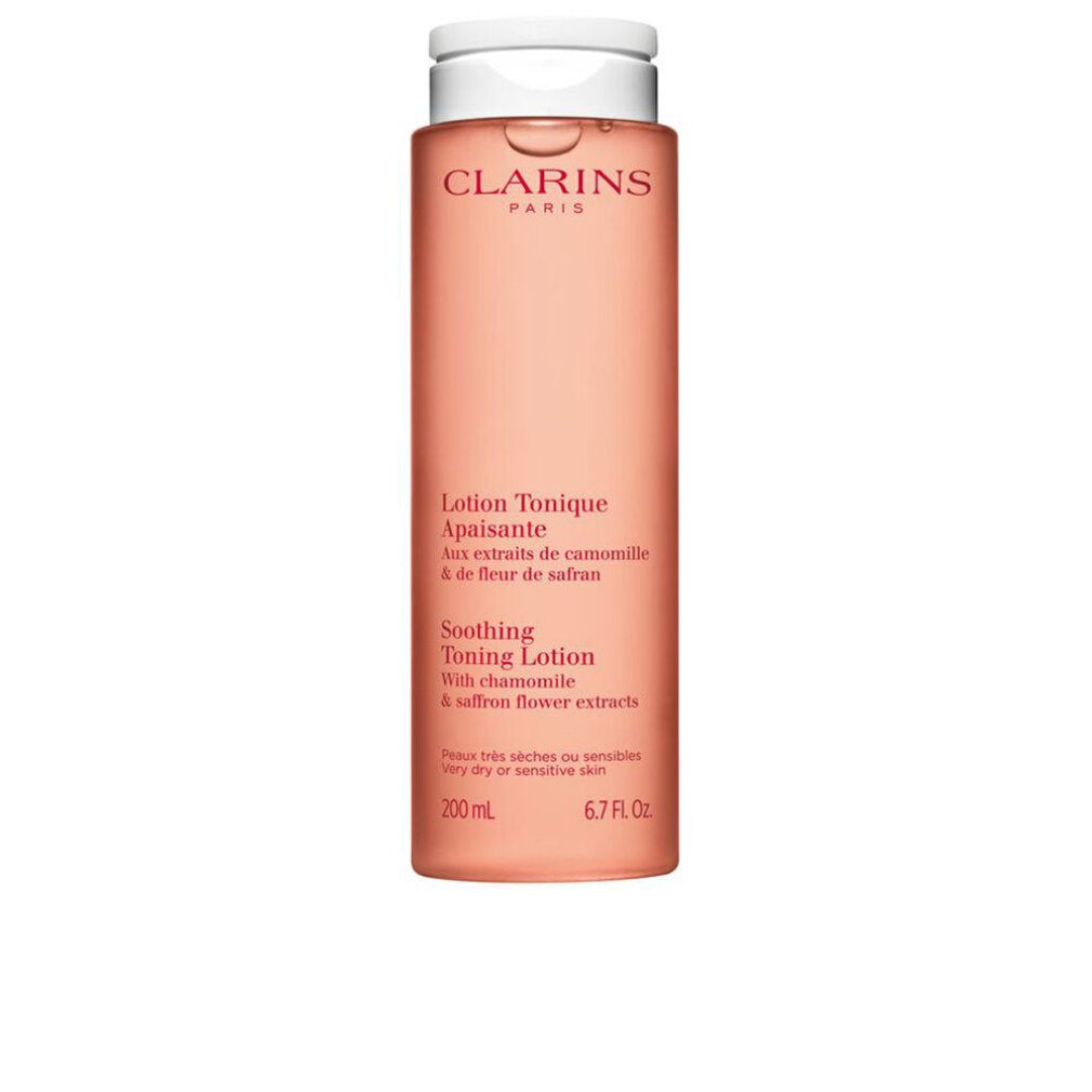 Rosa Flasche mit weißem Deckel. Beschriftung: Clarins Paris, Lotion Tonique Apaisante, 200 ml, 6.7 Fl Oz.
