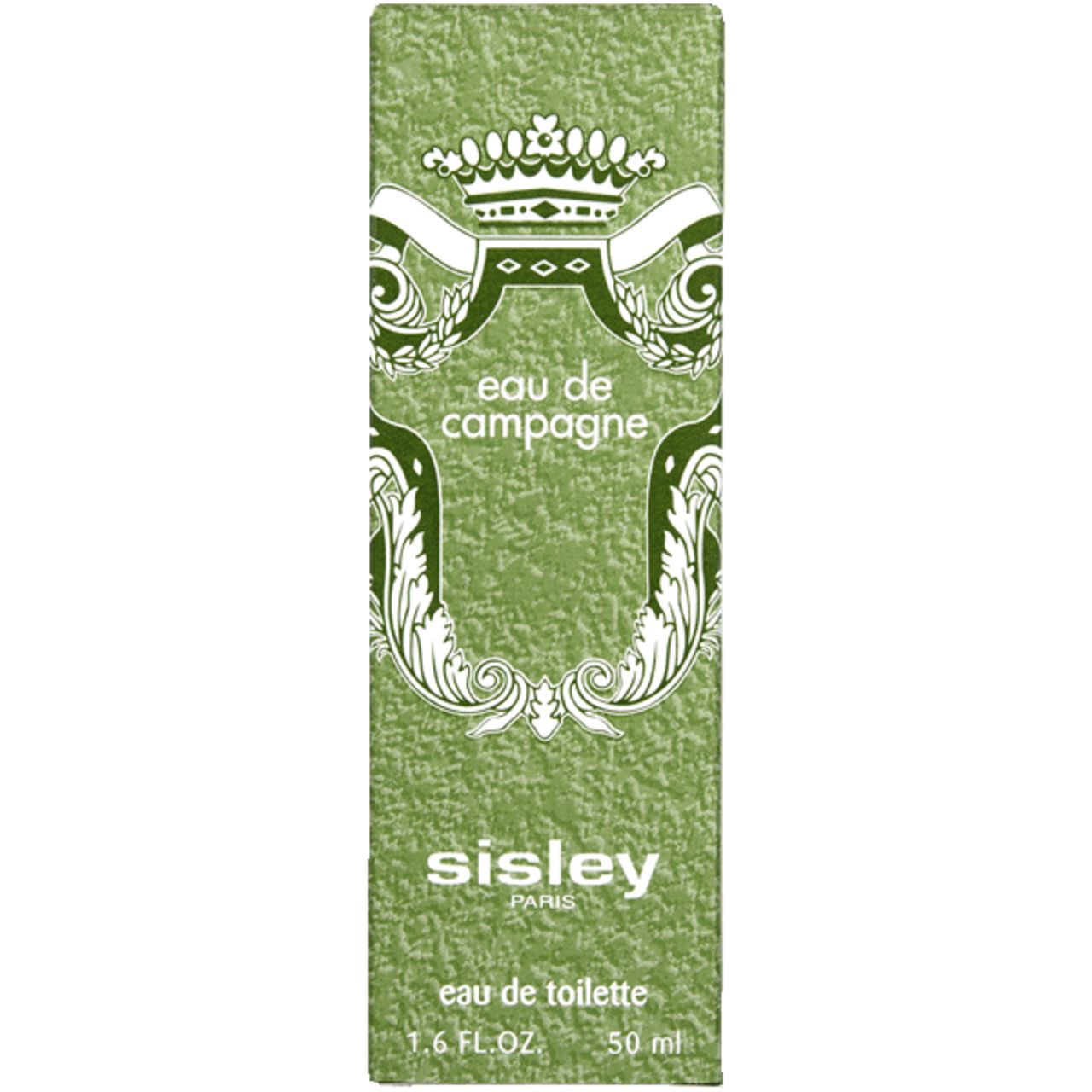 Grüne Verpackung für Eau de Campagne. Rechteckig, mit grünen Verzierungen und Schriftzug Eau de Campagne, Eau de Toilette, Sisley.