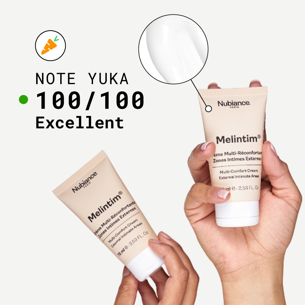 Zwei Produkt-Tuben in Händen. Yuka-Bewertung: 100/100. Produktname: Melintim.
