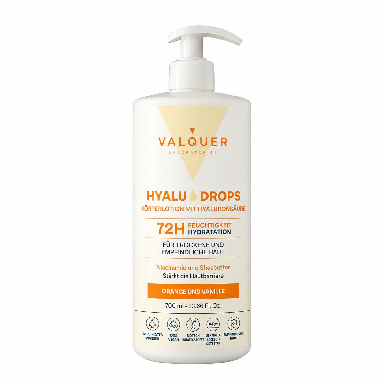Eine Valquer Hyalu Drops Körperlotion-Flasche mit Pumpspender, 700 ml.