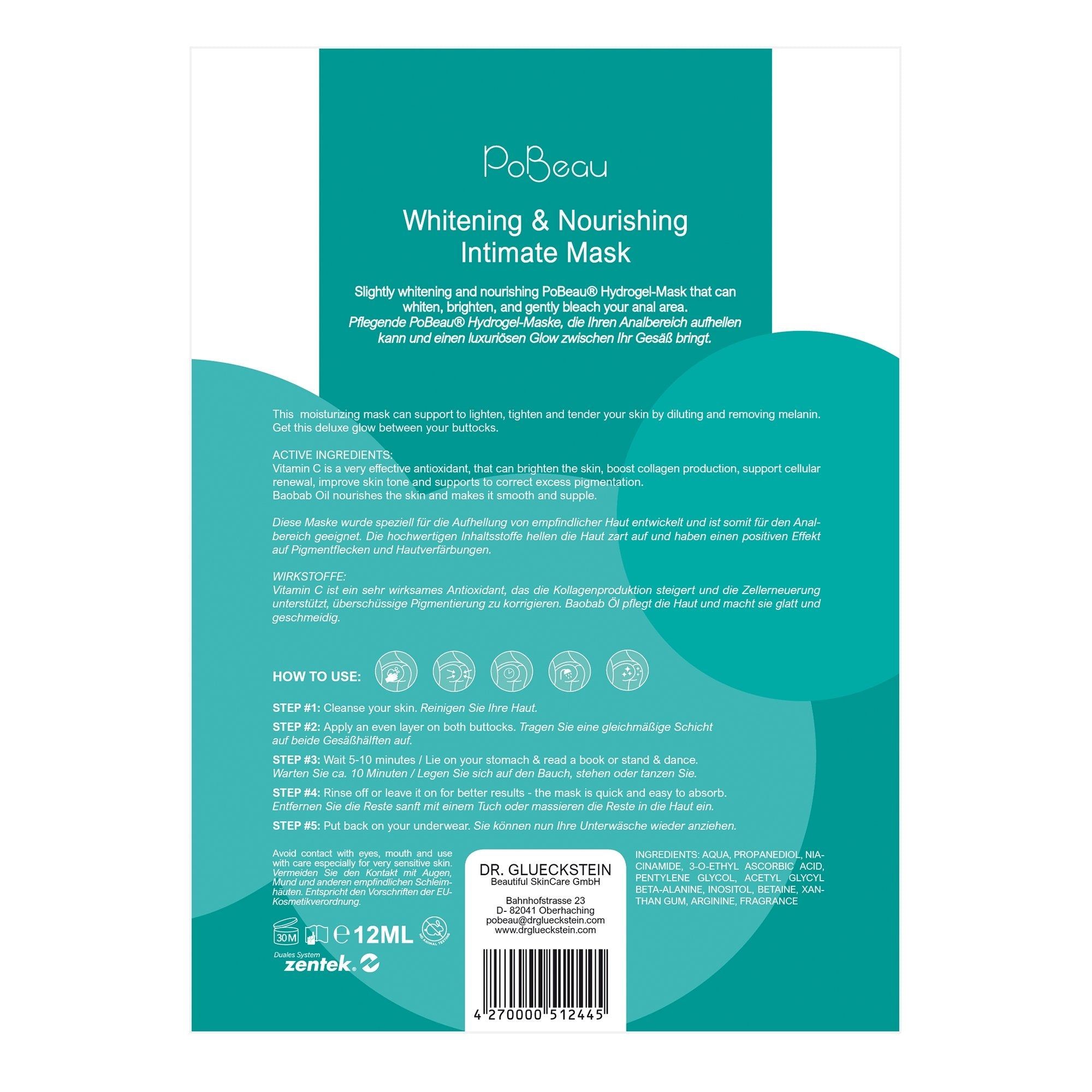 Rückseite der Pobeau Intimmaske. Text: Whitening & Nourishing Intimate Mask. Anwendungshinweise, Inhaltsstoffe, Herstellerinformationen und Barcode.