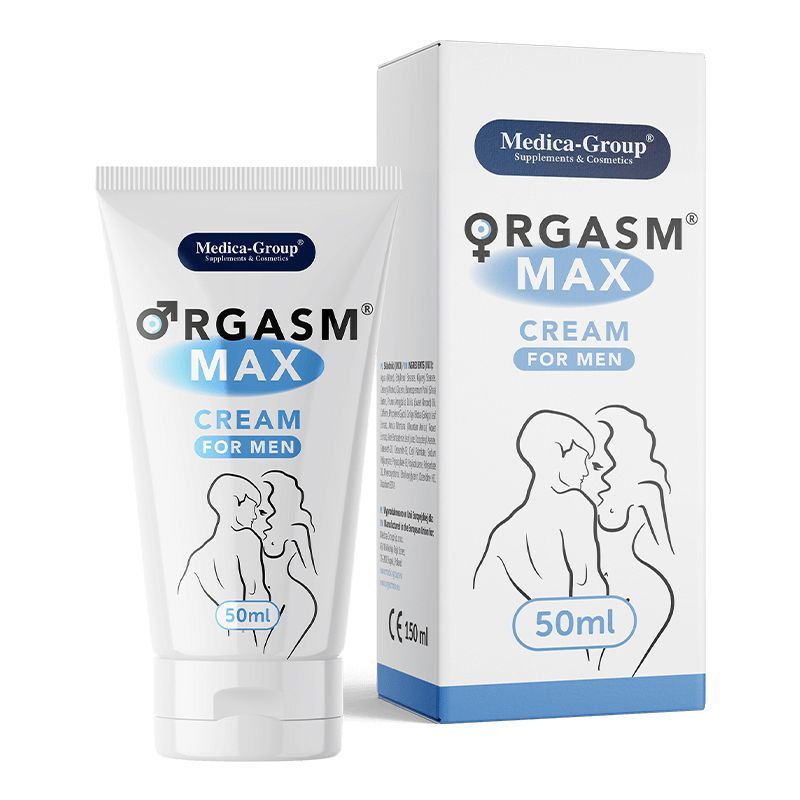 Produktverpackung: Tube und Schachtel. Text: ORGASM MAX CREAM FOR MEN, 50ml. Logo: Medica-Group. Illustration: Paar. CE-Zeichen.