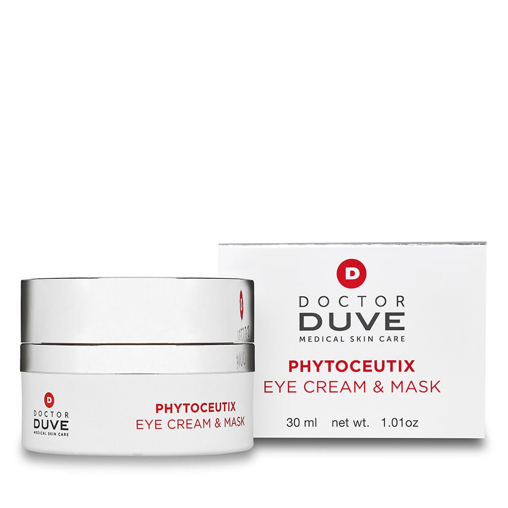 Weißer Tiegel und Schachtel. Roter Schriftzug: Phytoceutix Eye Cream & Mask. Logo: Doctor Duve. Auf der Schachtel: 30 ml.