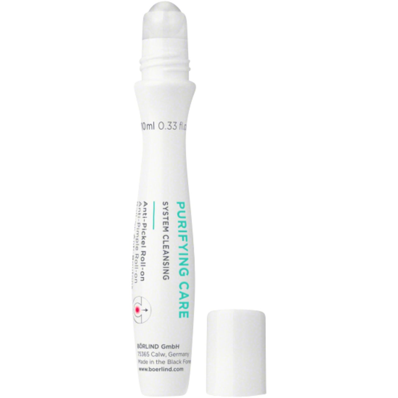Weißer Roll-on mit Kappe. Beschriftung: PURIFYING CARE, Anti-Pickel Roll-on. 10ml.