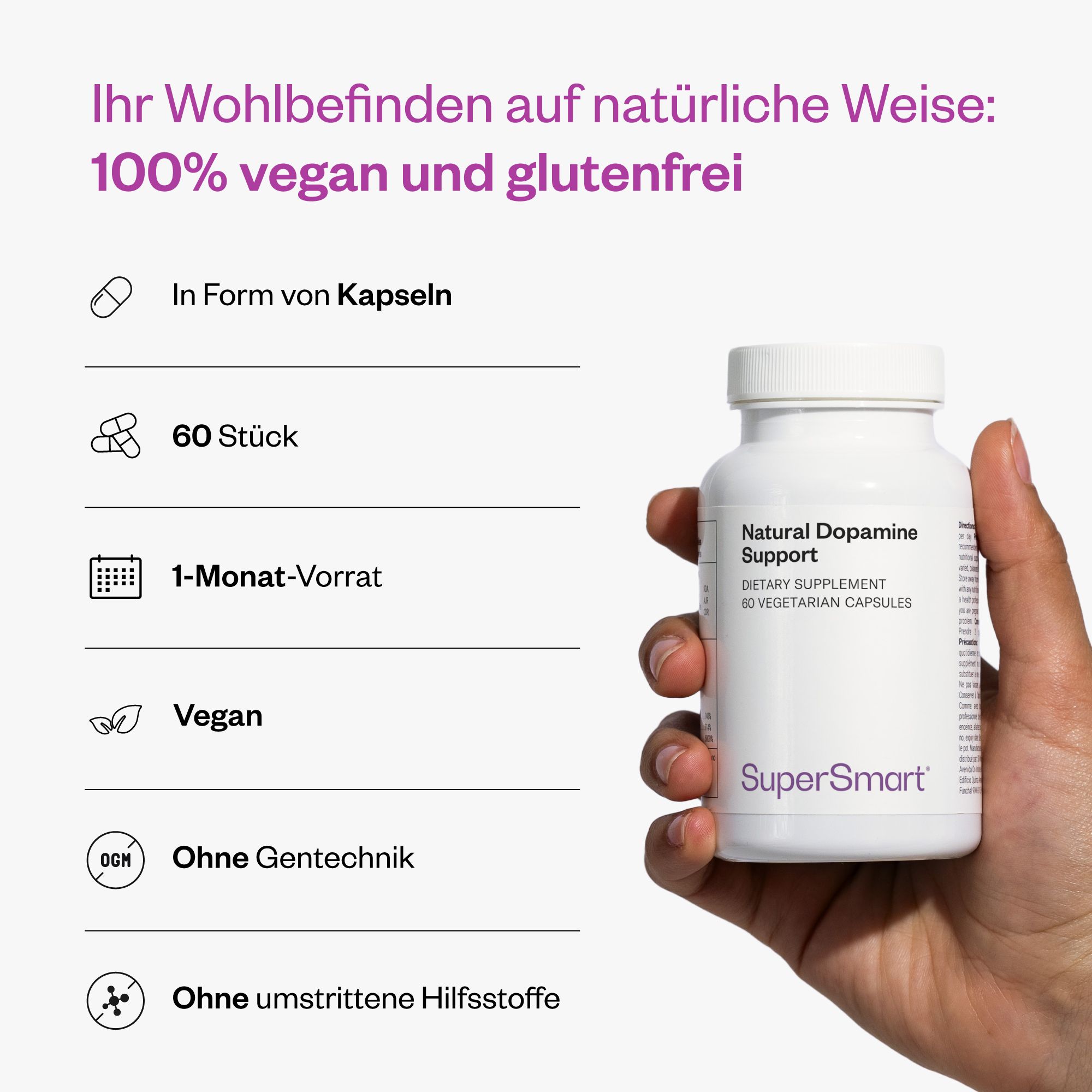 Produktflasche mit 60 Kapseln. Text: 100% vegan und glutenfrei, ohne Gentechnik, ohne umstrittene Hilfsstoffe. Marke: SuperSmart.