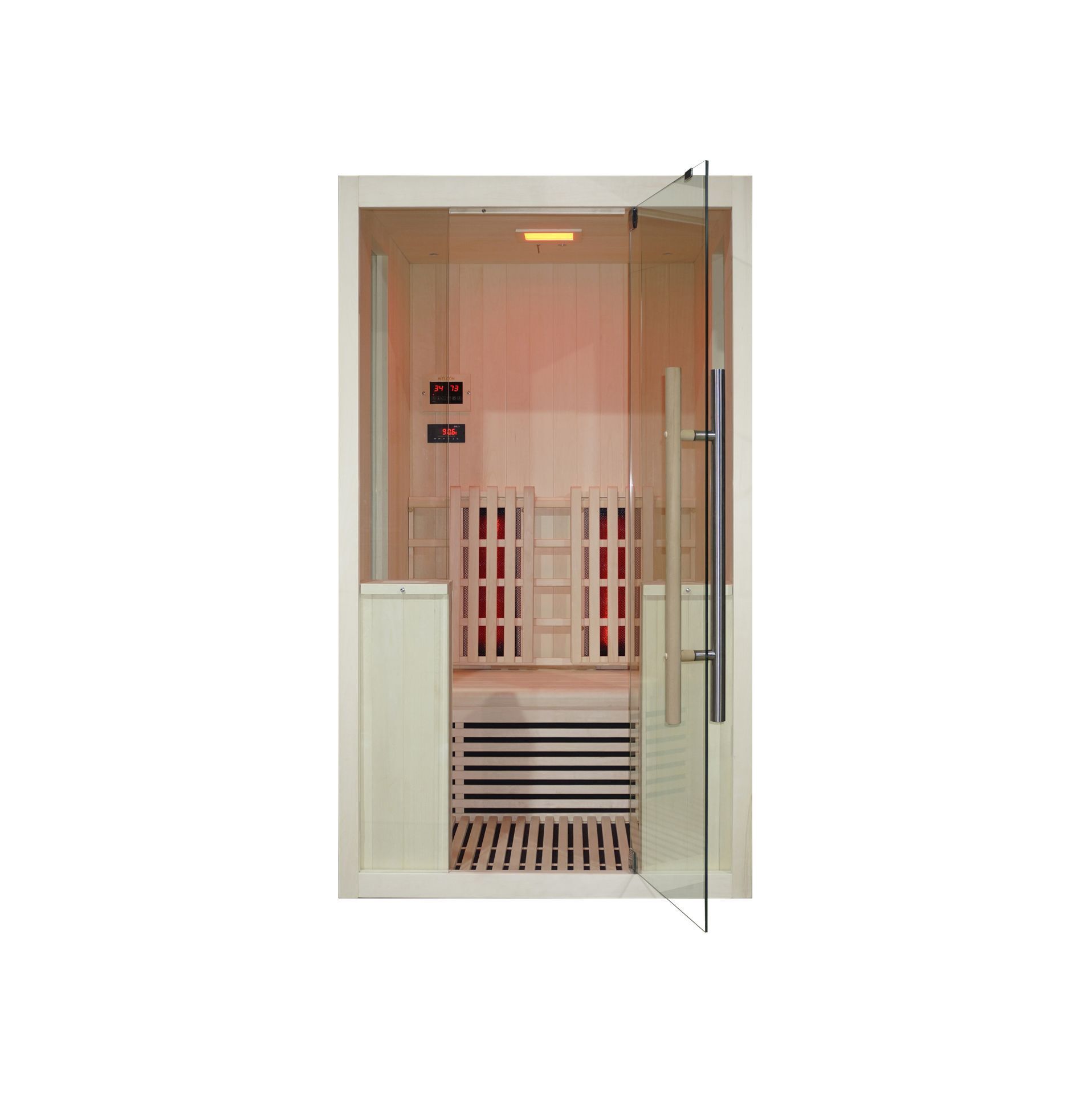 Infrarotsauna mit offener Tür. Innenraum mit Sitzbank und Heizstrahlern. Glasfront und Holzelemente.