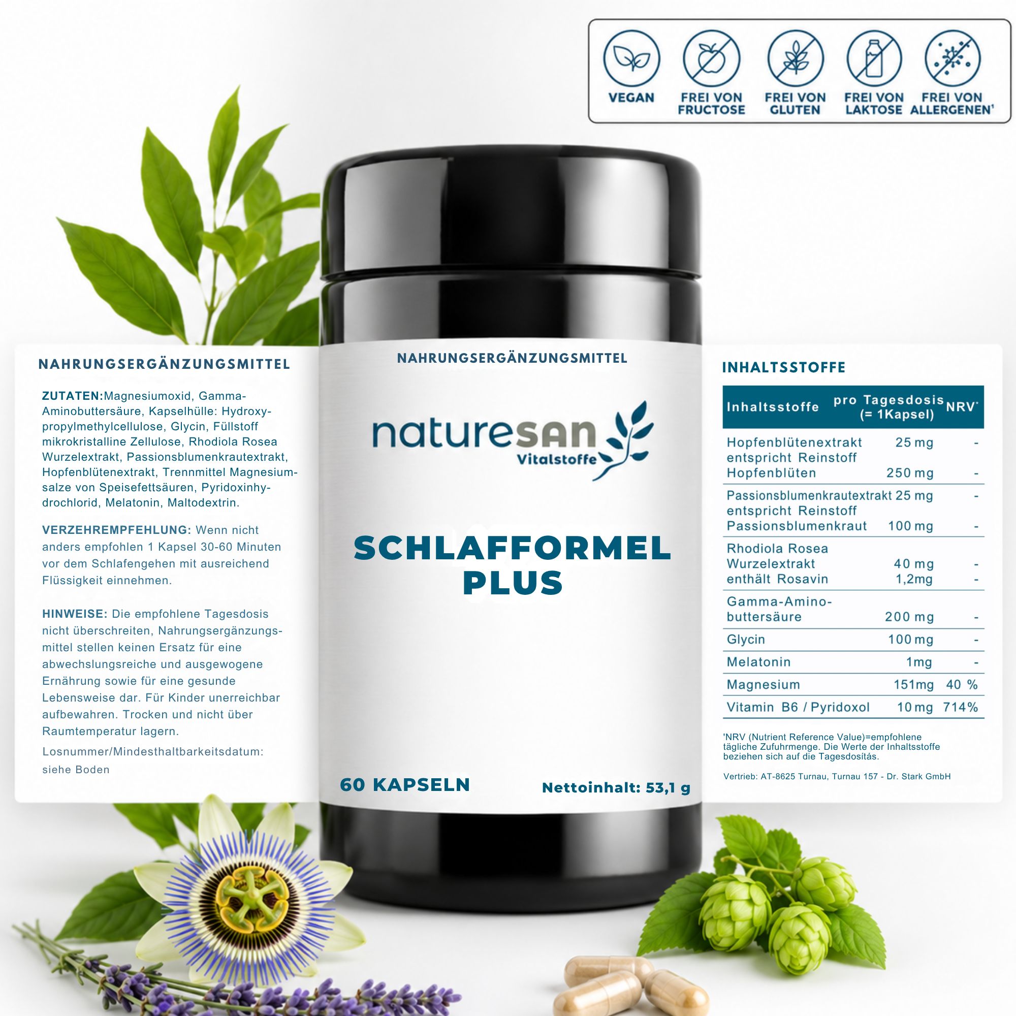 Naturesan Schlafformel Plus Flasche mit detaillierter Zutatenliste und Siegeln für vegan, glutenfrei, laktosefrei.