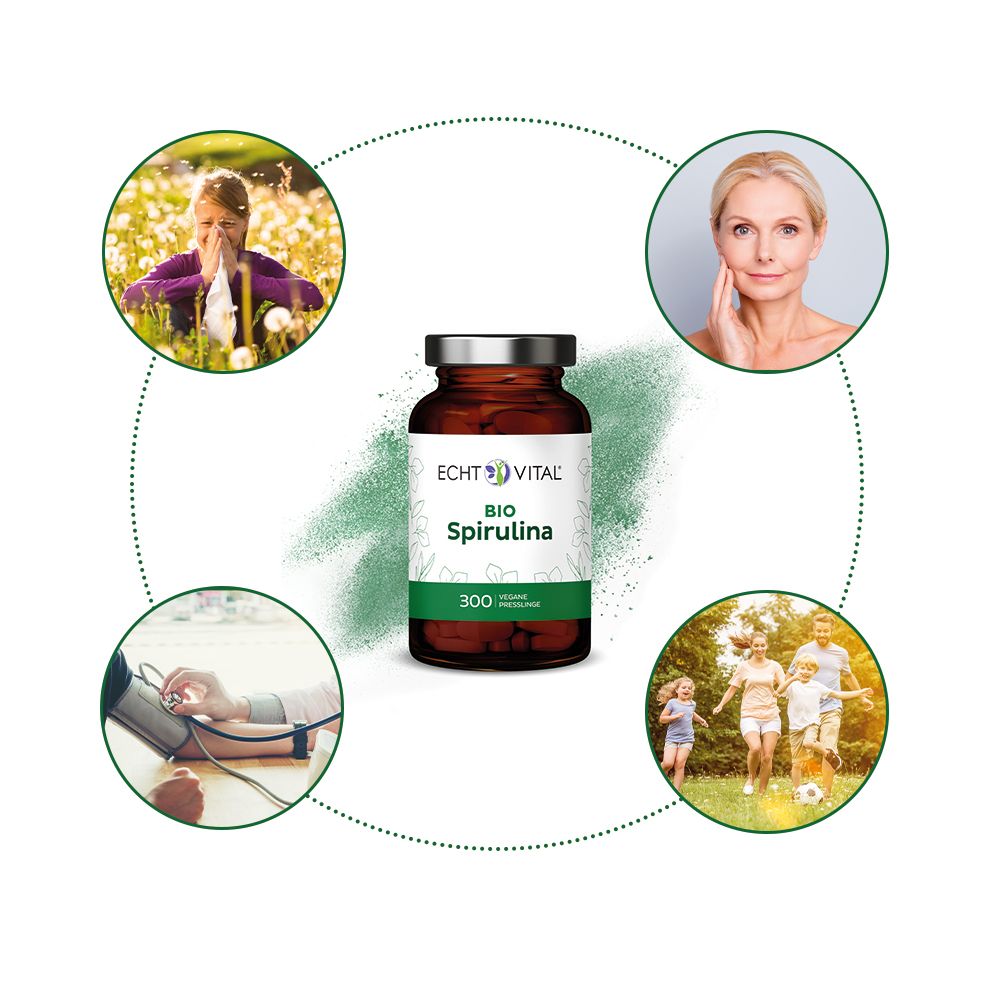 Braune Glasflasche mit weißem Etikett. Aufschrift: Echt Vital Bio Spirulina. 300 Tabletten. Abgebildet sind Kreise mit Menschen und Symptomen.