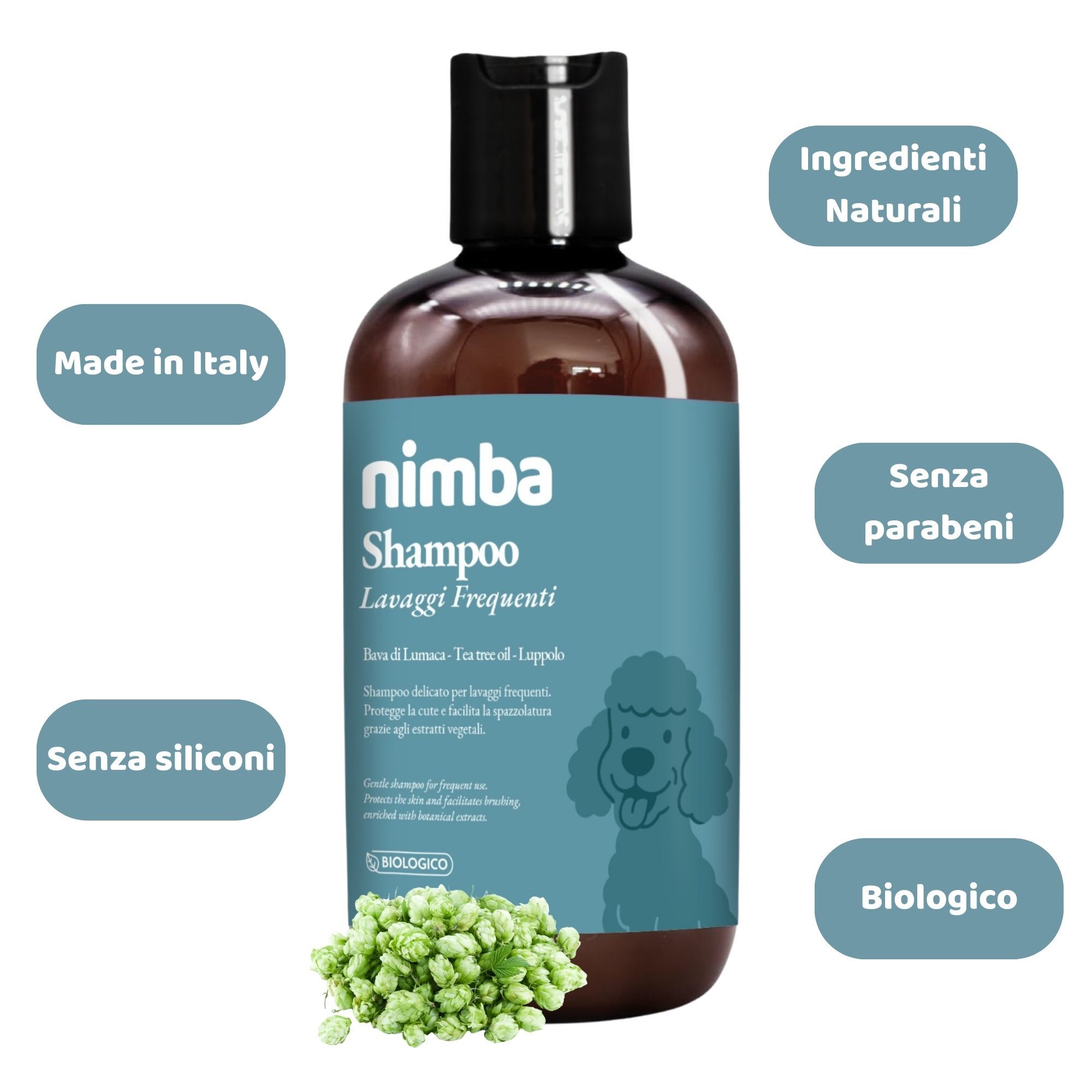 Braune Flasche mit schwarzem Deckel. Etikett mit Produktinformationen und Icons: Ohne Silikone, Parabene, Made in Italy, Biologisch.