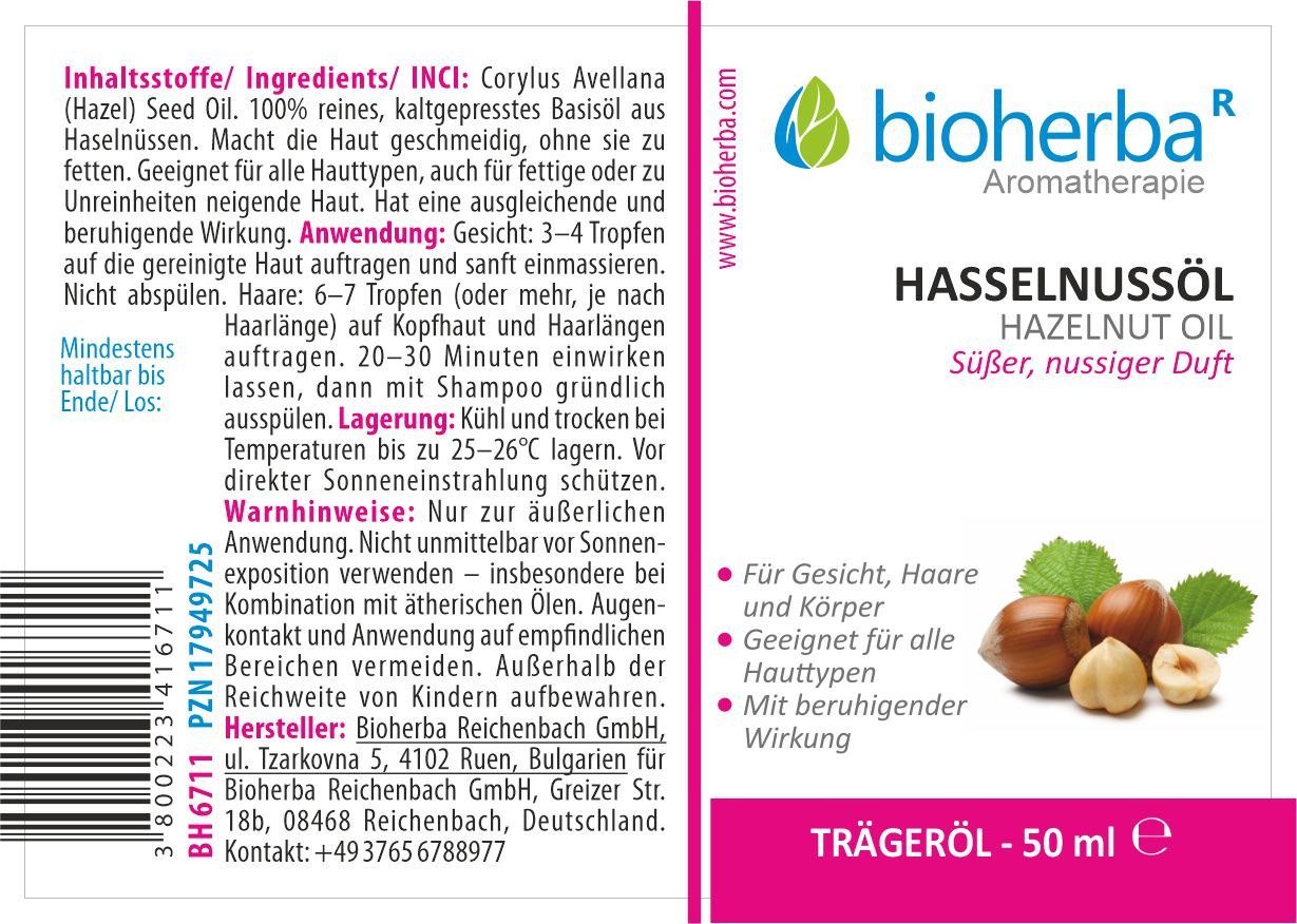 Etikett mit Produktname, Logo und Illustration von Haselnüssen. Text in deutscher Sprache. Rosafarbener Streifen mit Text.