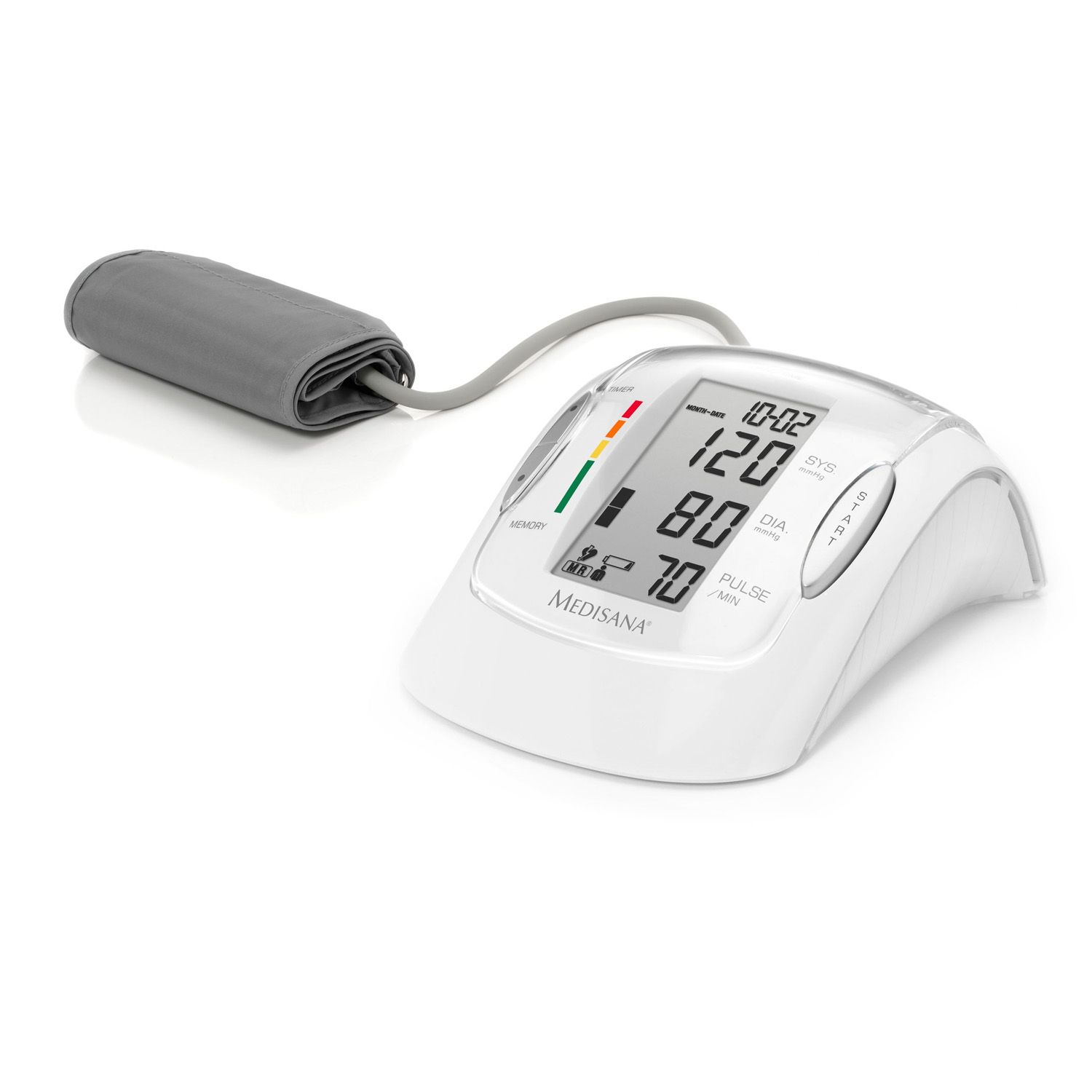 Bloeddrukmeter met digitale display. Toont waarden. Witte behuizing, grijze manchet. Merk: medisana. Kleurenschaal.
