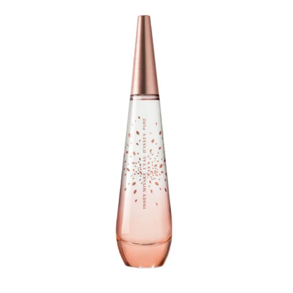 Parfümflakon, tropfenförmig, rosa Farbverlauf, kupferfarbener Verschluss. Aufschrift: Issey Miyake L'Eau d'Issey Pure.