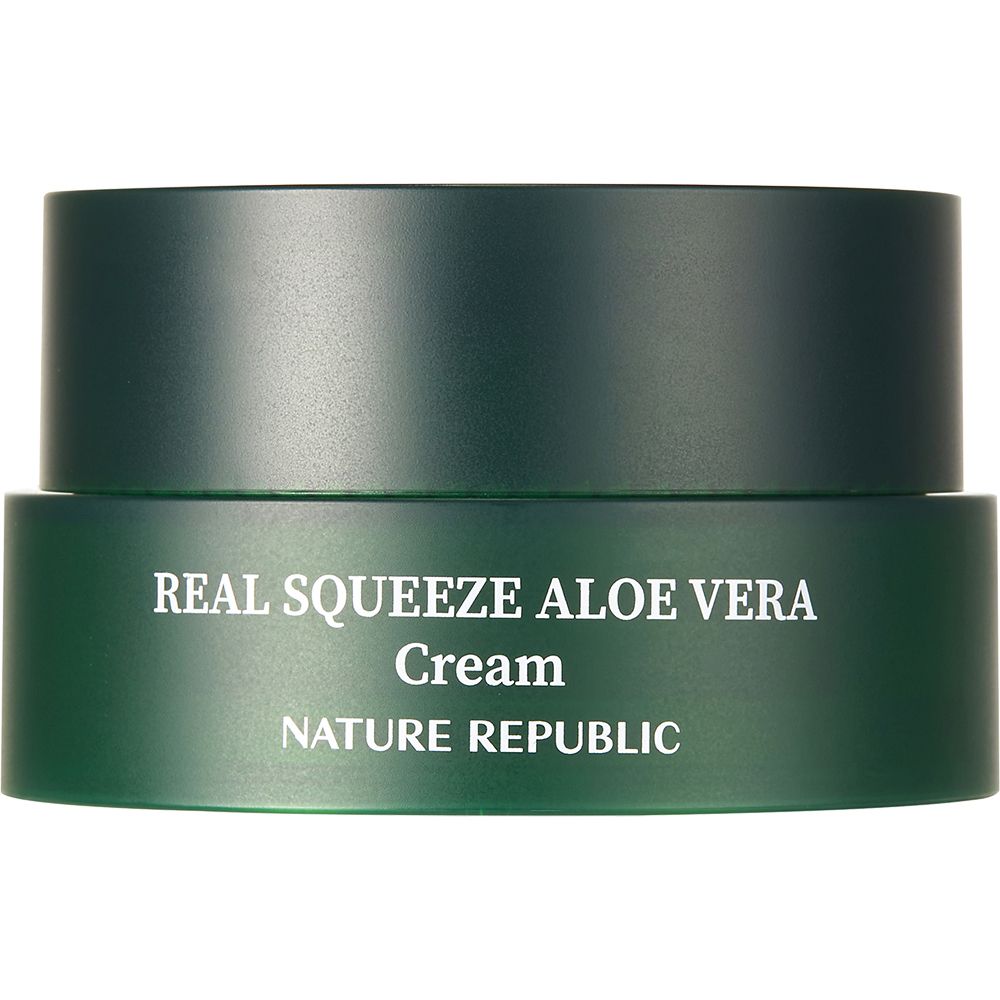 Grüner Tiegel NATURE REPUBLIC Real Squeeze Aloe Vera Cream. Aufschrift: Real Squeeze Aloe Vera Cream. Marke: NATURE REPUBLIC.