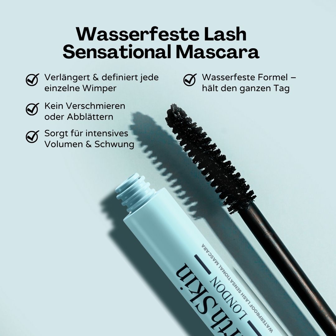 Mascara azzurro chiaro con spazzola. Testo: Wasserfeste Lash Sensational Mascara. Caratteristiche: Allunga, definisce, non sbava, volume.