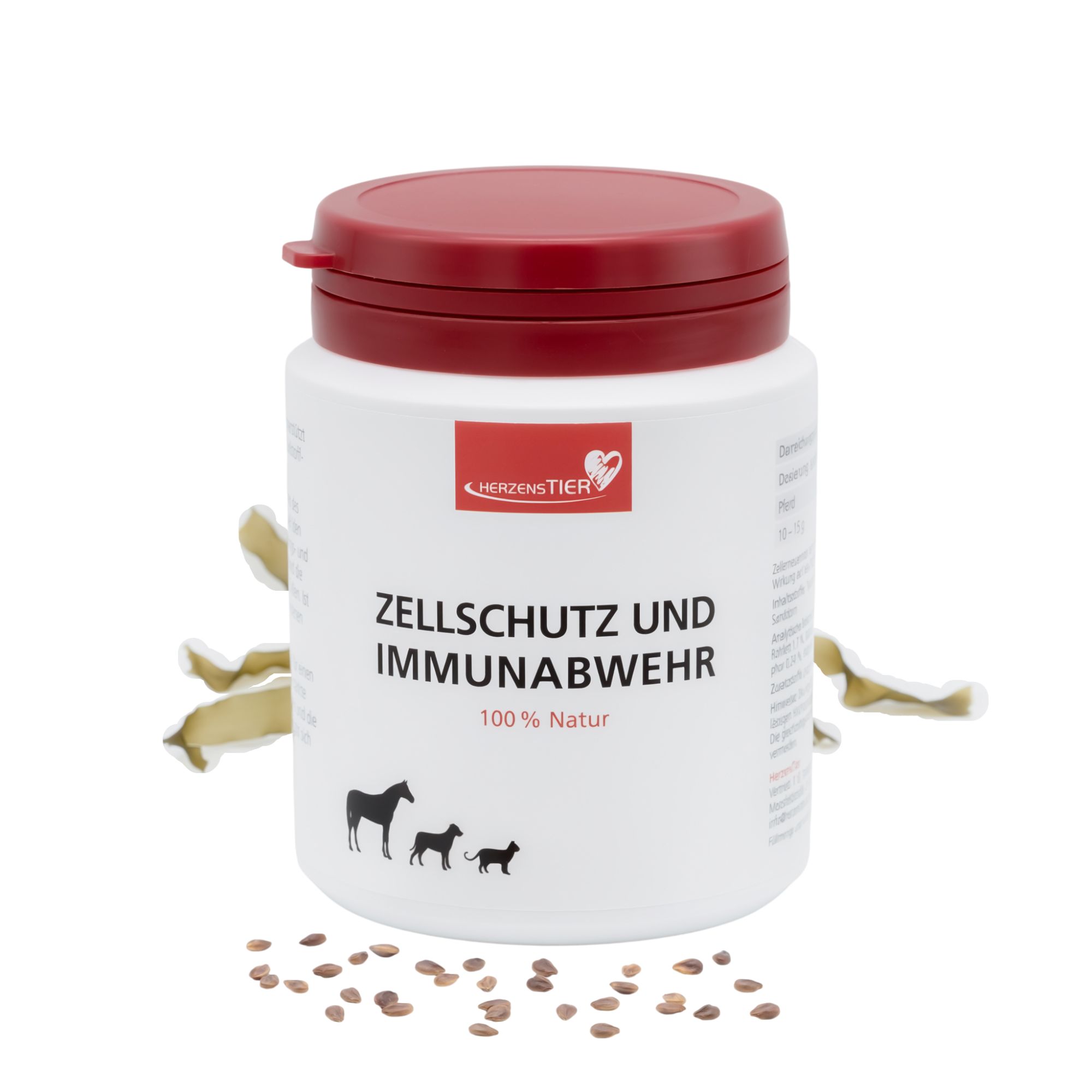 Weißes Behältnis mit rotem Deckel. Text: HerzensTier, Zellschutz und Immunabwehr, 100% Natur. Tier-Silhouetten.