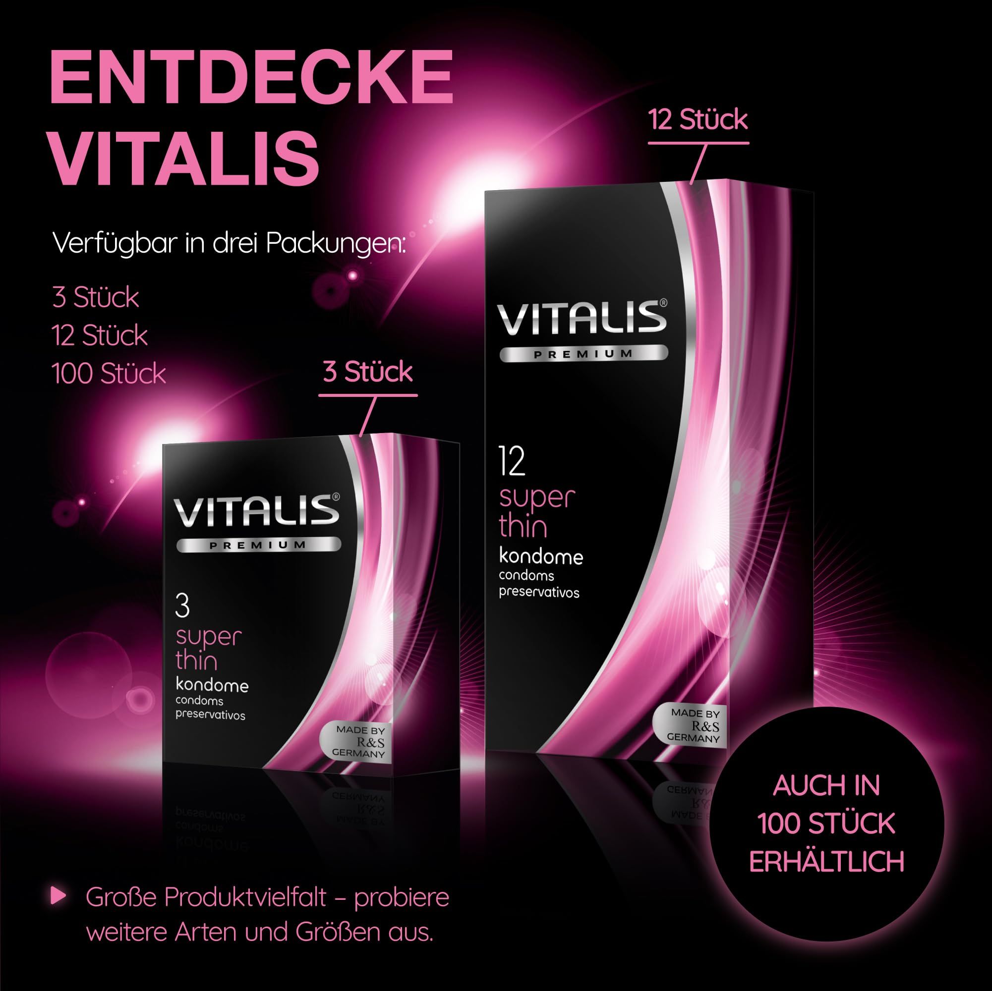 Vitalis Kondom-Packungen: 3 Stück, 12 Stück, 100 Stück. Vitalis PREMIUM Super Thin.