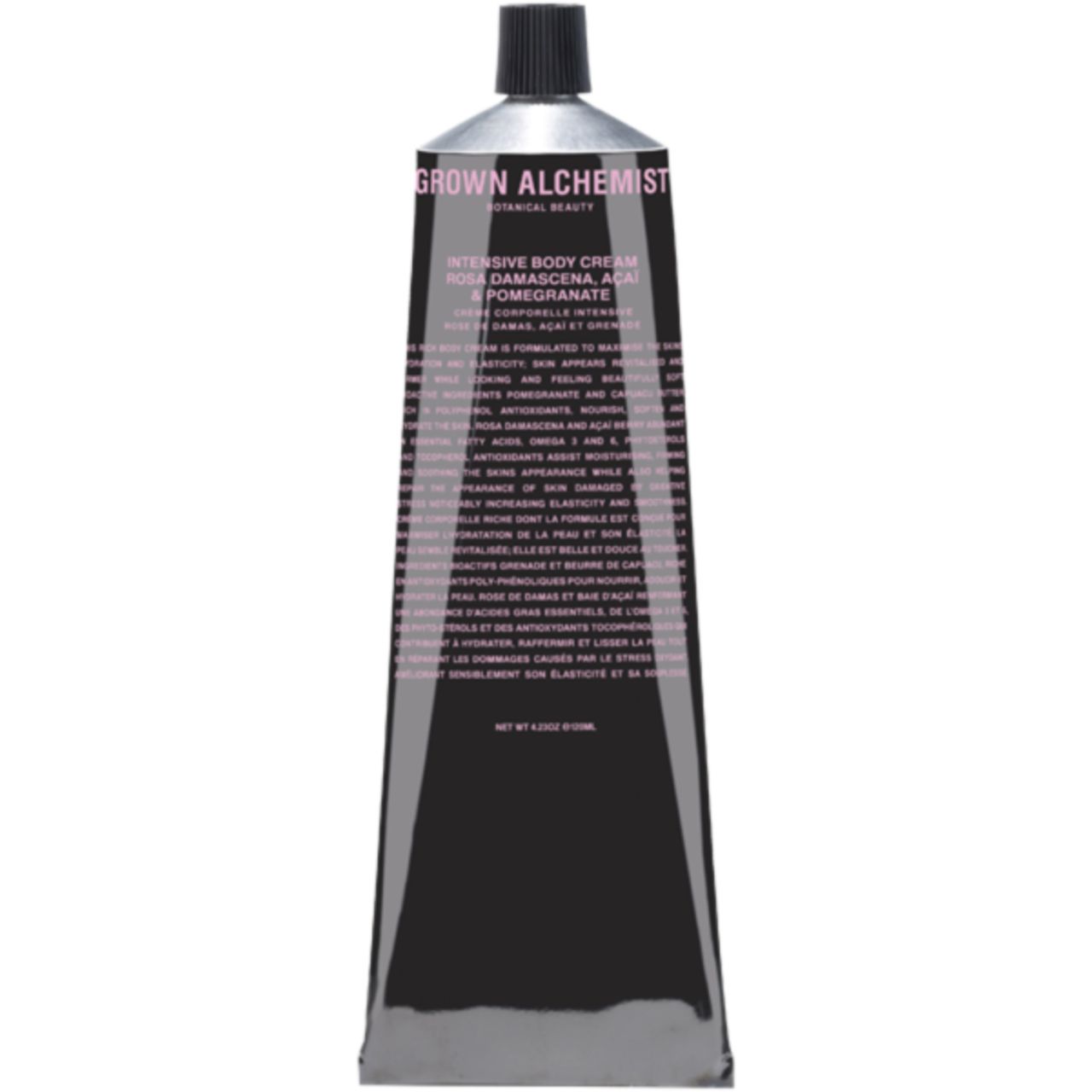 Schwarze Tube mit Aufschrift 'Grown Alchemist'. Text: 'Intensive Body Cream'. Rosa Schrift.