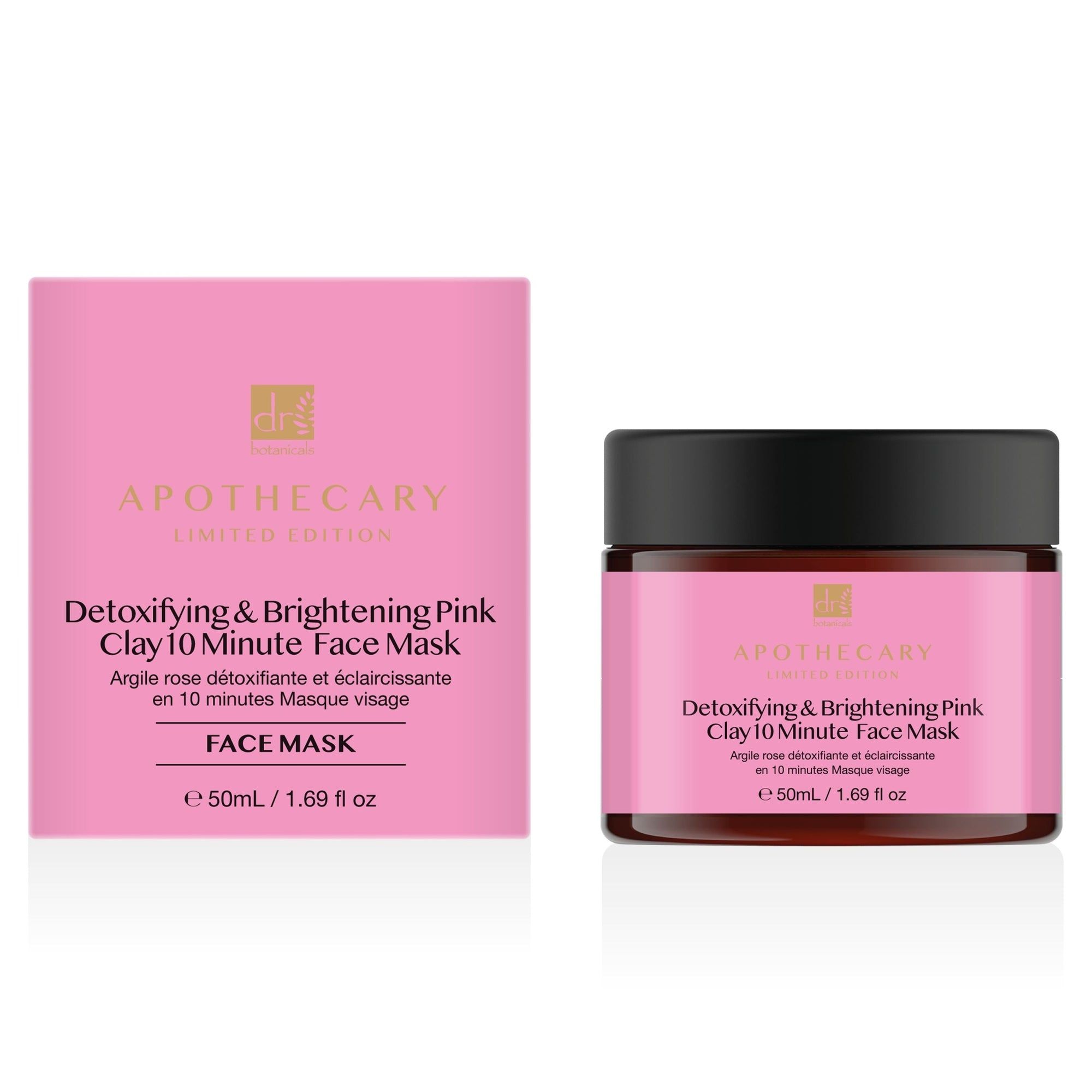 Produktverpackung und Tiegel. Rosa Verpackung mit Produktname. Tiegel mit schwarzem Deckel und rosa Etikett.