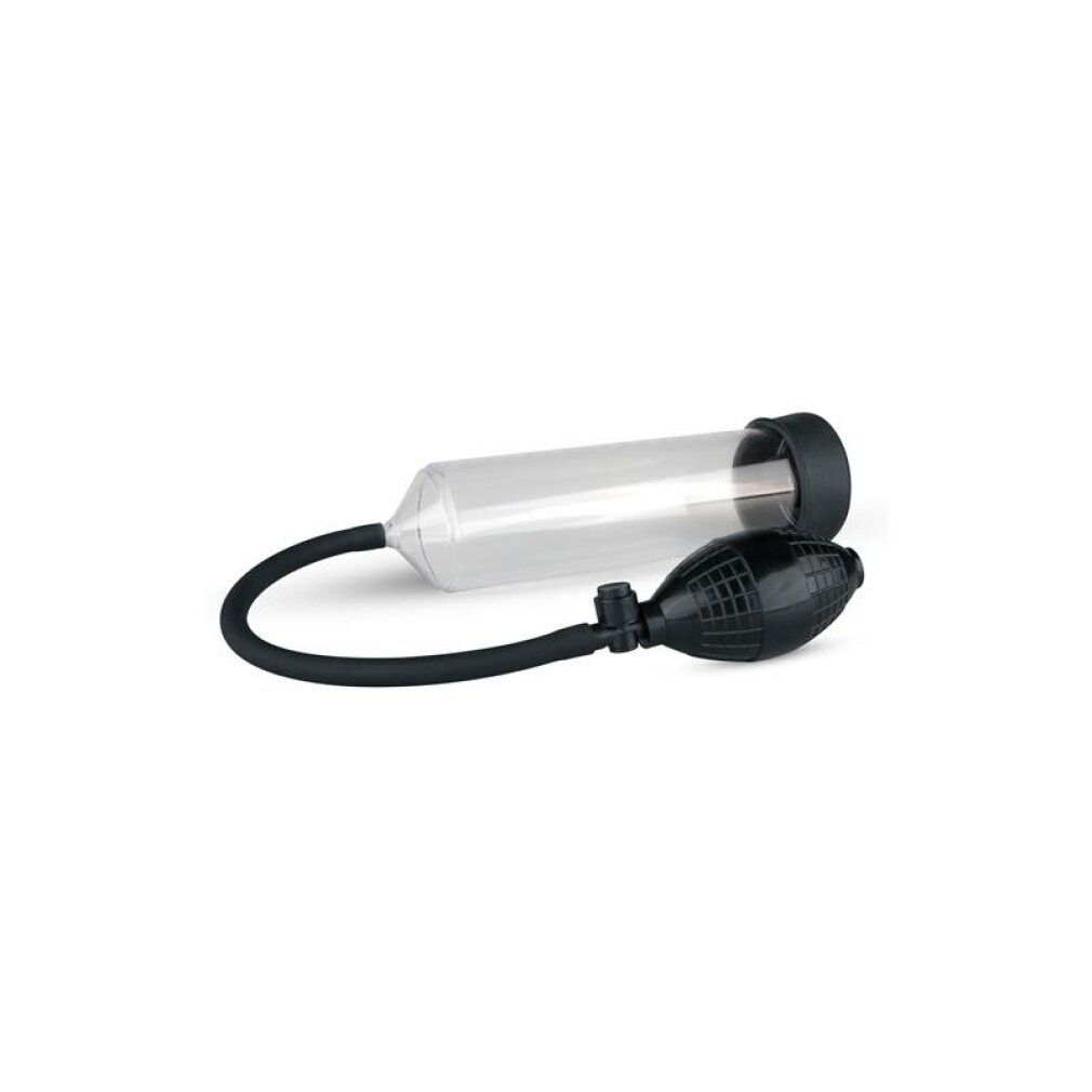 Transparente, zylindrische Pumpe mit schwarzem Sockel und Schlauch. Handpumpe mit geriffelter Oberfläche.