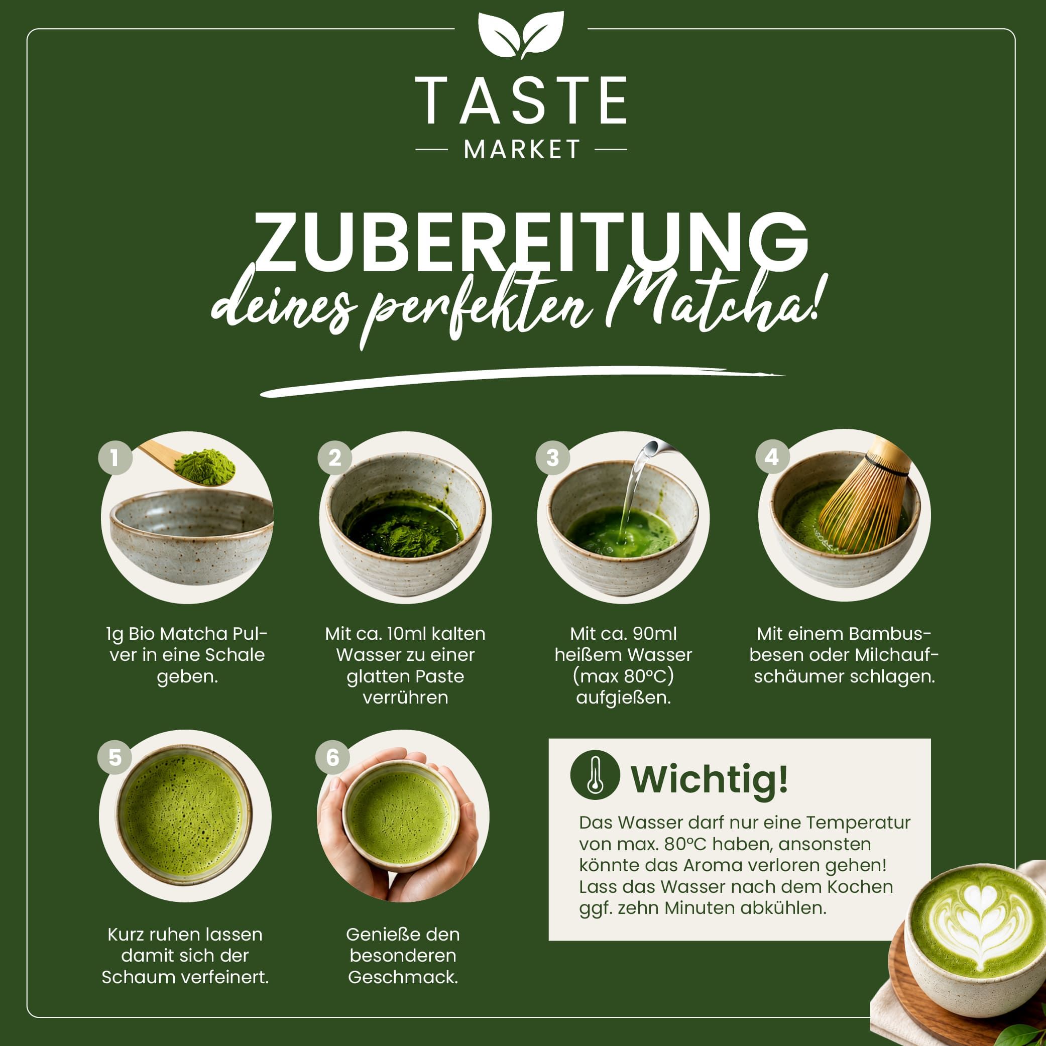 Schritt-für-Schritt-Anleitung zur Zubereitung von Matcha mit Schale und Bambusbesen.