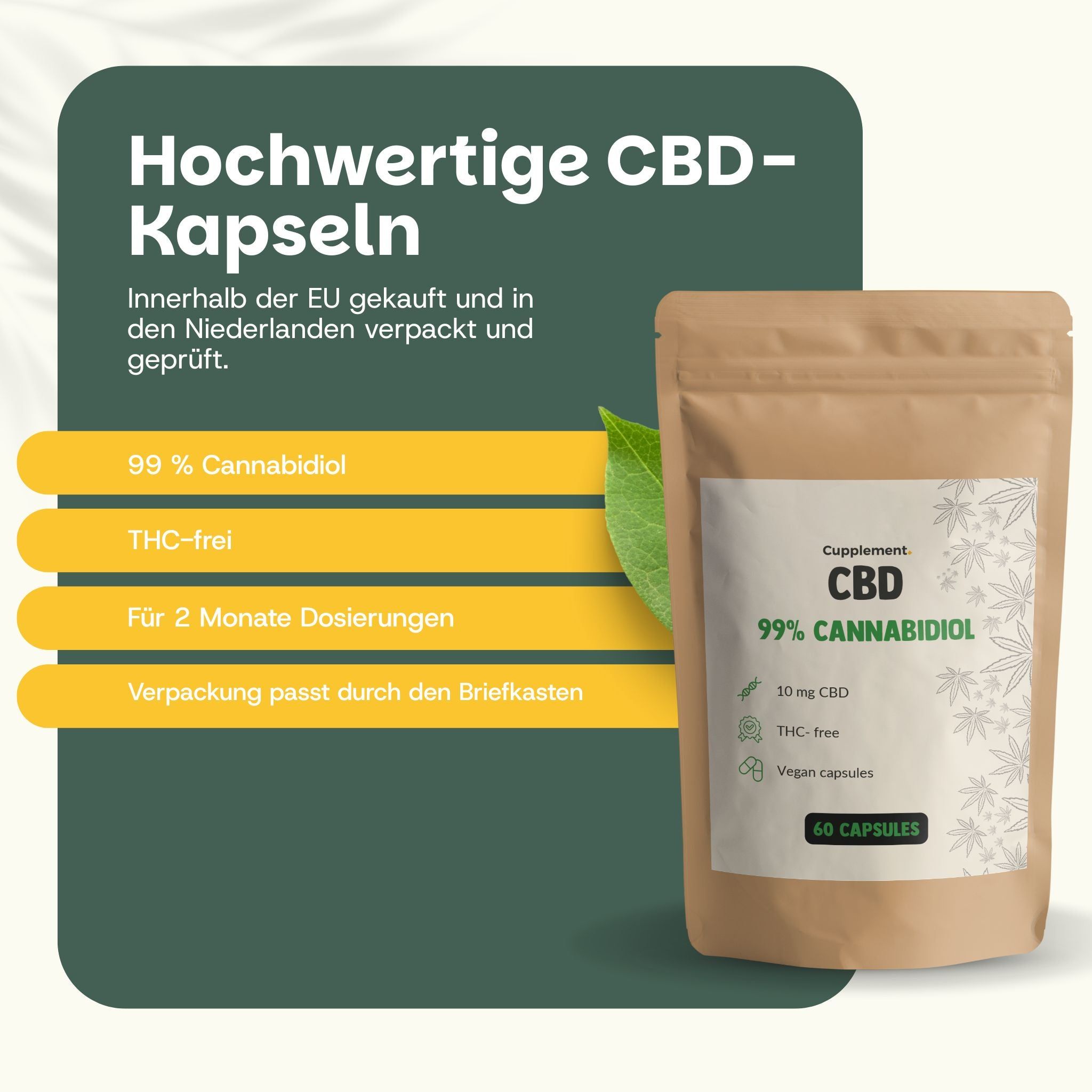 Beutel mit CBD-Kapseln. Aufschrift: CBD, 99% Cannabidiol, 10 mg CBD, THC-frei, vegane Kapseln. Text: Für 2 Monate Dosierungen.