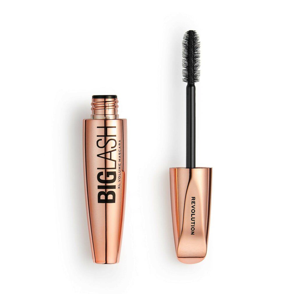 Geöffnete, roséfarbene Mascarahülse mit Bürste. Aufschrift: BIG LASH XL VOLUME MASCARA. Schwarze Bürste.