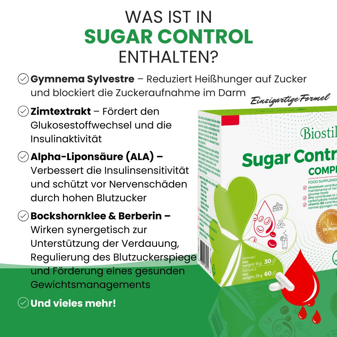 Biostile Sugar Control Komplett-Packung neben Text. Text: Was ist in Sugar Control enthalten? Inhaltsstoffe und Vorteile. Vegan-Siegel.