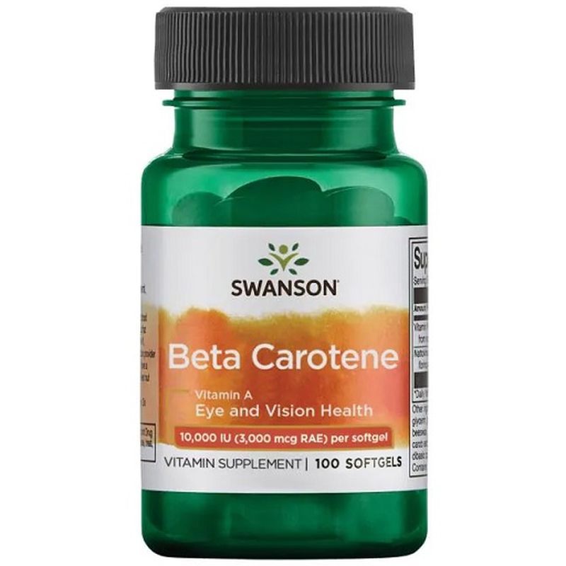 Grüne Flasche mit Swanson Beta Carotin. Aufschrift: Beta Carotin, Vitamin A, 10.000 IE pro Softgel. 100 Softgels.