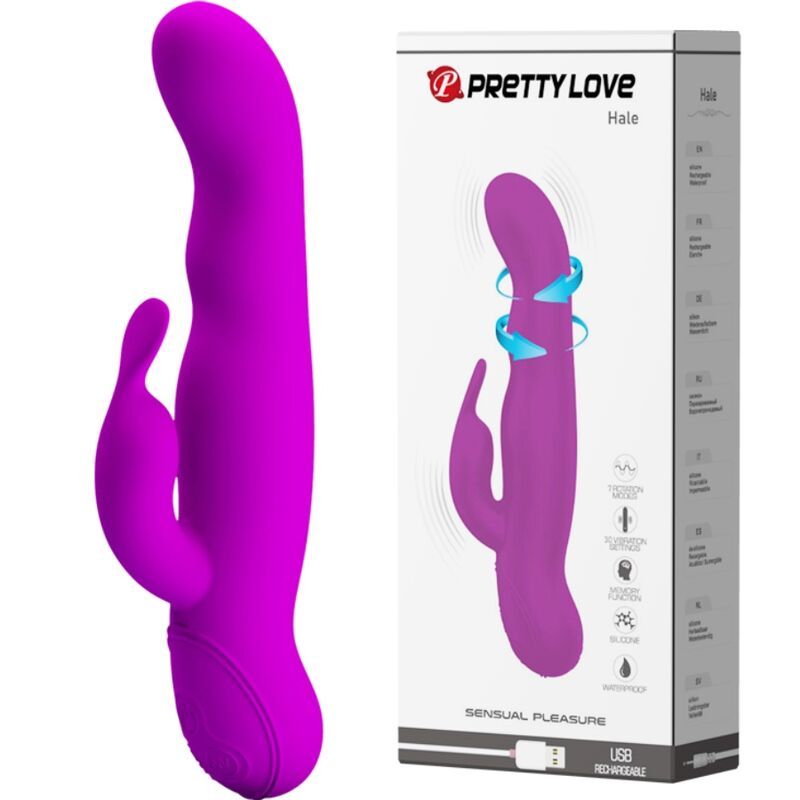 Lila Vibrator mit gebogener Form und einem zusätzlichen Element. Verpackung mit Produktname Pretty Love Hale.
