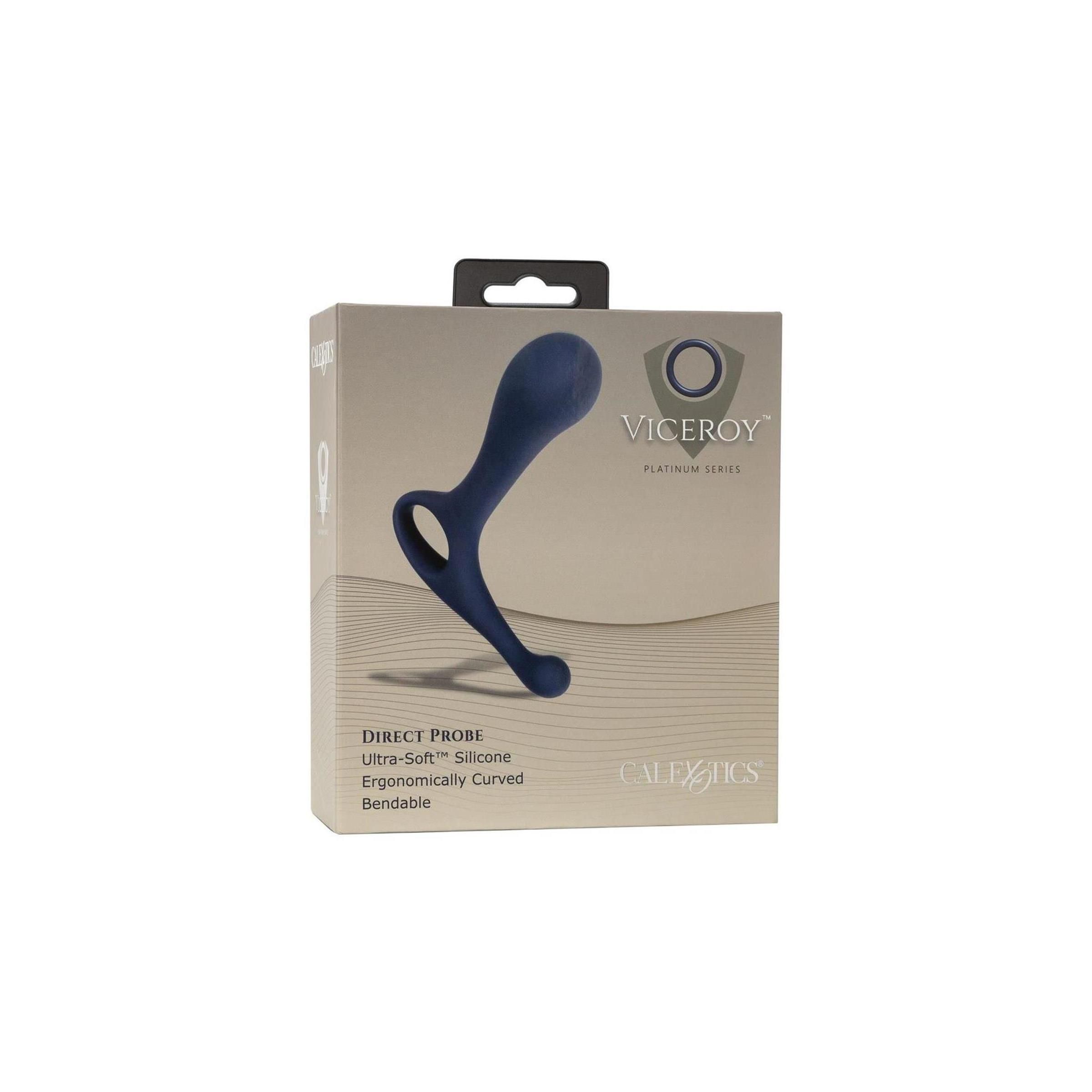 Dunkelblauer, ergonomisch geformter Silikon-Probe in Verpackung. Aufschrift: Viceroy, Platinum Series, CalExotics, Direct Probe.