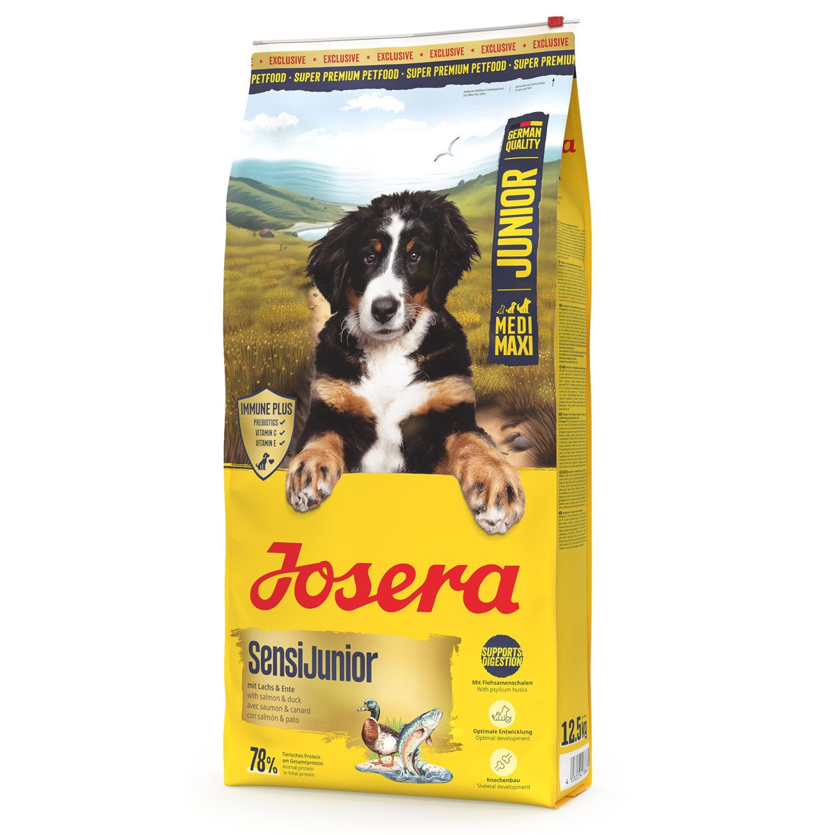 Josera SensiJunior 12,5kg Hundefutter-Sack mit Welpenmotiv und Produktinformationen.