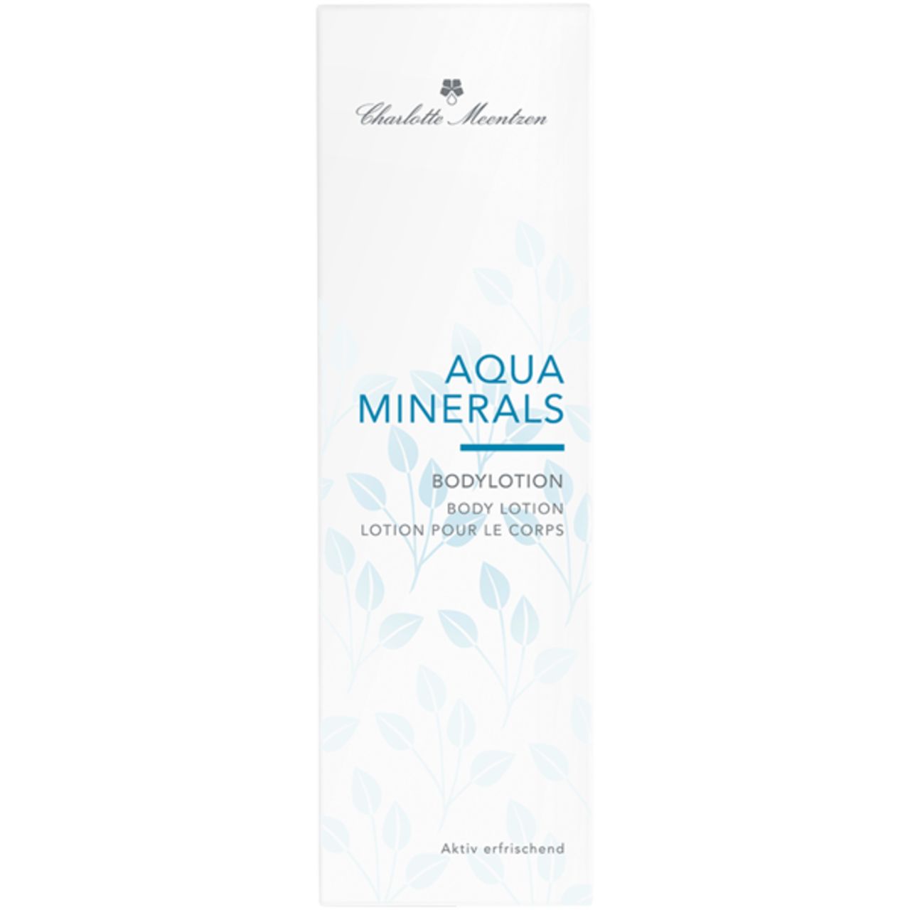 Weiße Verpackung mit blauem Logo und Schriftzug 'Aqua Minerals Bodylotion'. Marke: Charlotte Meentzen. Blättermuster.