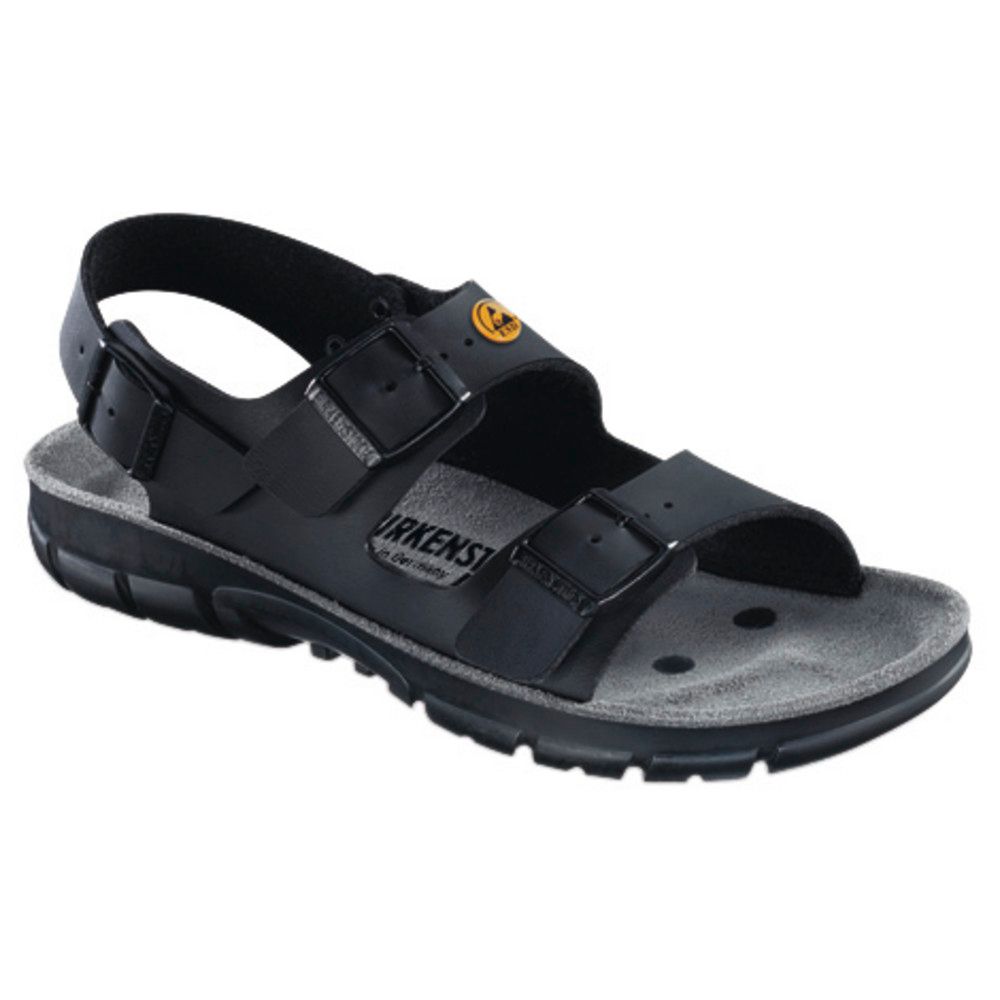Schwarze Sandale mit zwei Riemen und Schnallen. Graue Innensohle. Gelbes Logo. Marke: Birkenstock.