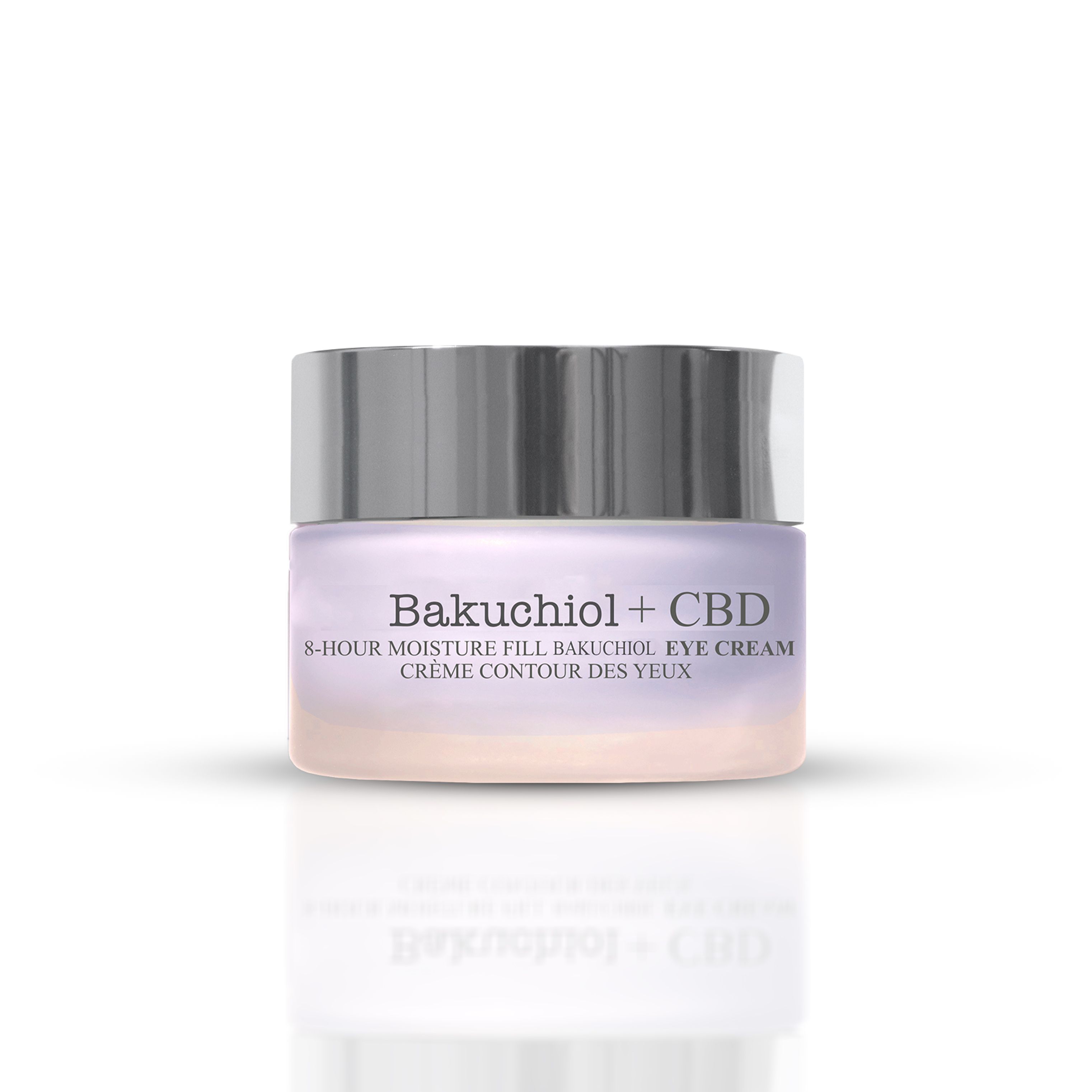 Augencreme-Tiegel mit silbernem Deckel. Aufschrift: Bakuchiol + CBD, 8-Hour Moisture Fill Bakuchiol Eye Cream, Crème Contour des Yeux.