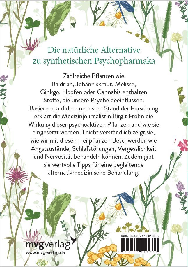 Buchrückseite mit Text. Titel: "Die natürliche Alternative zu synthetischen Psychopharmaka". Verlag MVG. ISBN.