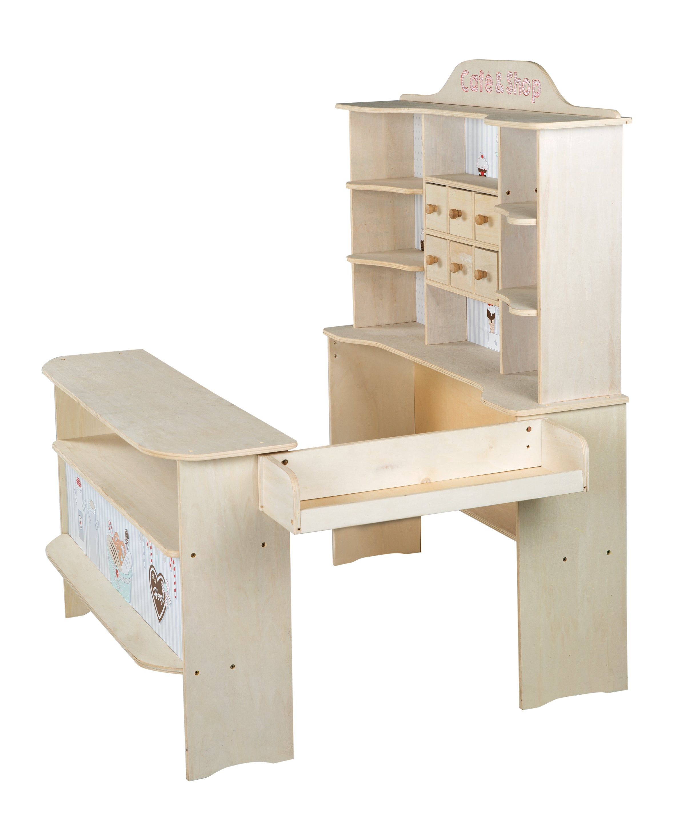 Verkaufsstand aus Holz mit Theke, Regalen und Schubladen. Aufschrift "Café & Shop".