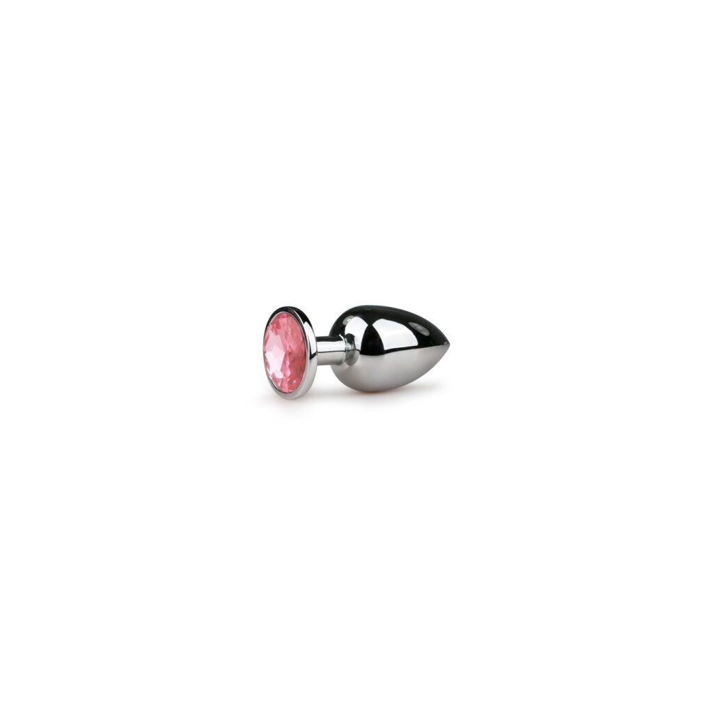 Analplug aus Metall mit rosa Zierstein. Glänzende Oberfläche, konische Form. Rosa Stein am Ende.