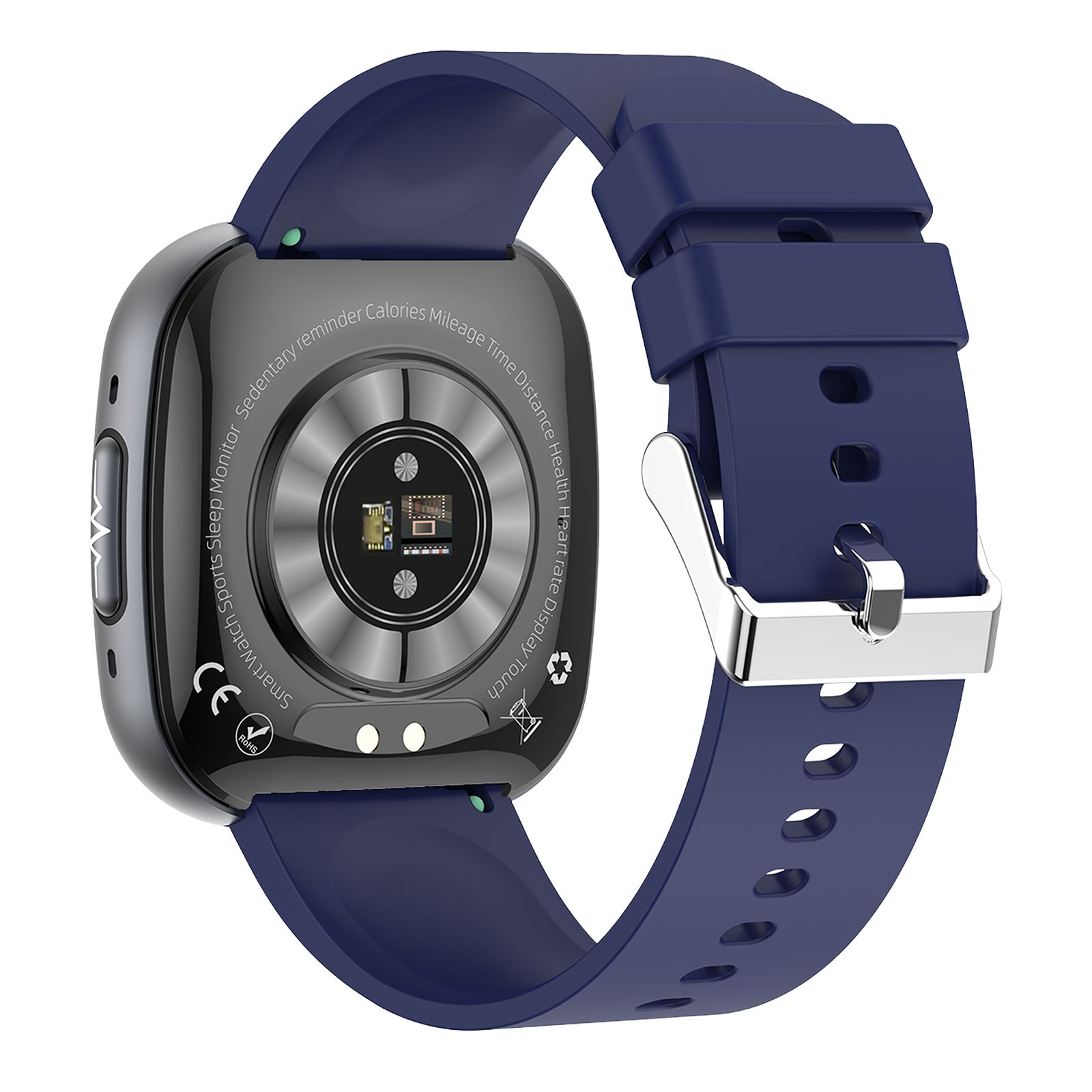 Rückseite einer Smartwatch mit blauem Armband. Sensoren und Ladekontakte sichtbar. Silberner Rahmen.