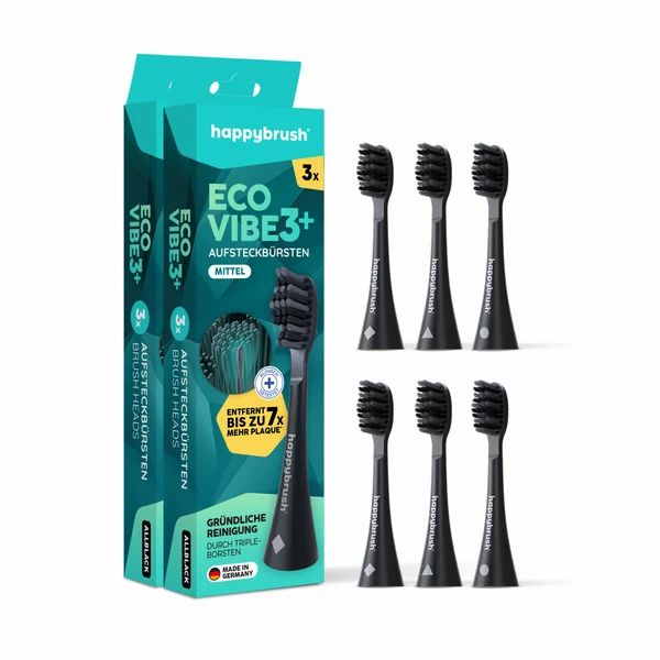 Verpackung und sechs Aufsteckbürsten für elektrische Zahnbürsten, Modell ECO VIBE 3 AllBlack.
