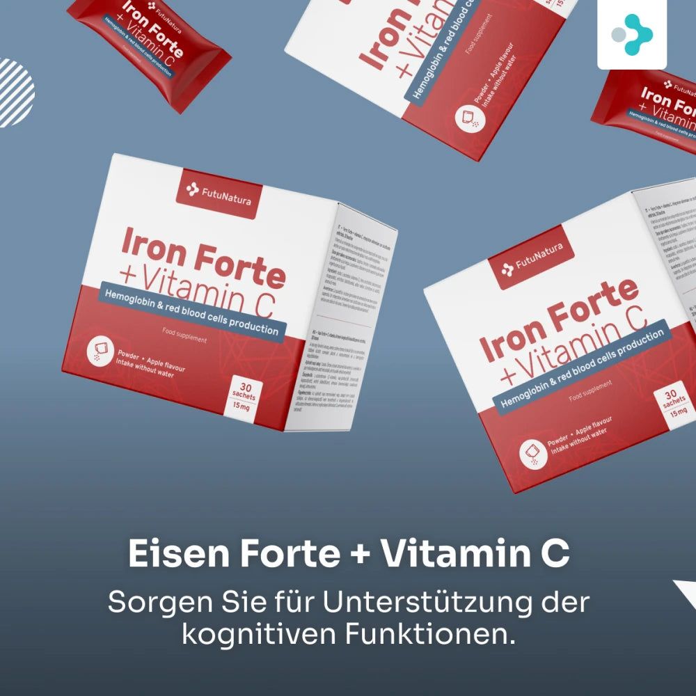 Mehrere Schachteln und Sachets. Aufschrift: Iron Forte + Vitamin C. Für kognitive Funktionen. 30 Sachets. Marke FutuNatura.