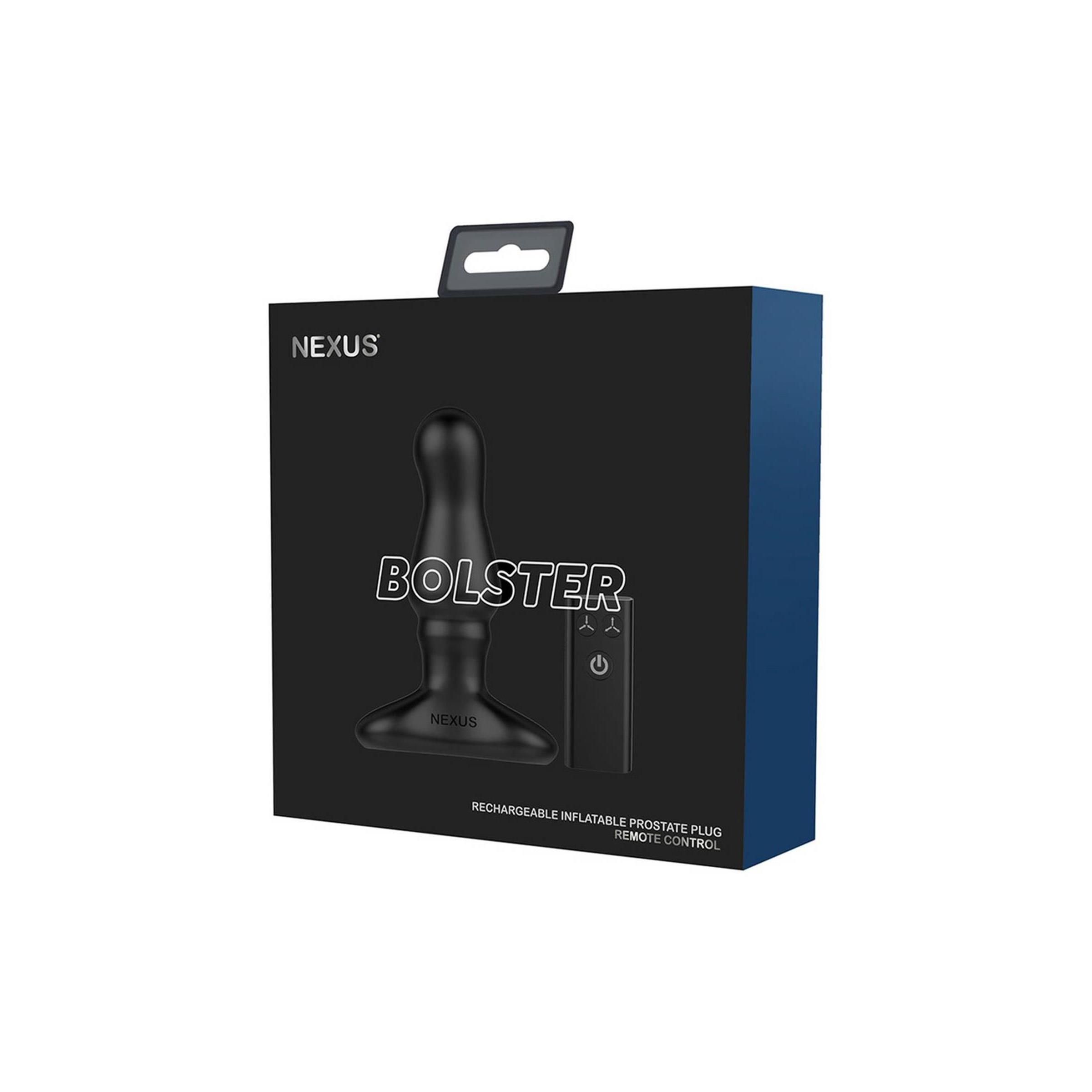 Schwarze Produktverpackung mit Produktabbildung und Fernbedienung. Aufschrift: Nexus, Bolster, Rechargeable Inflatable Prostate Plug, Remote Control.