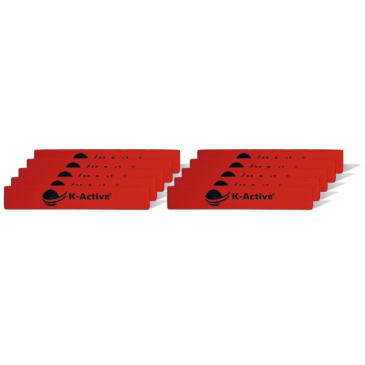 Rote K-Active MiniBands. Mehrere Bänder gestapelt. Schwarzes Logo und Schriftzug K-Active. Fitness-Zubehör.