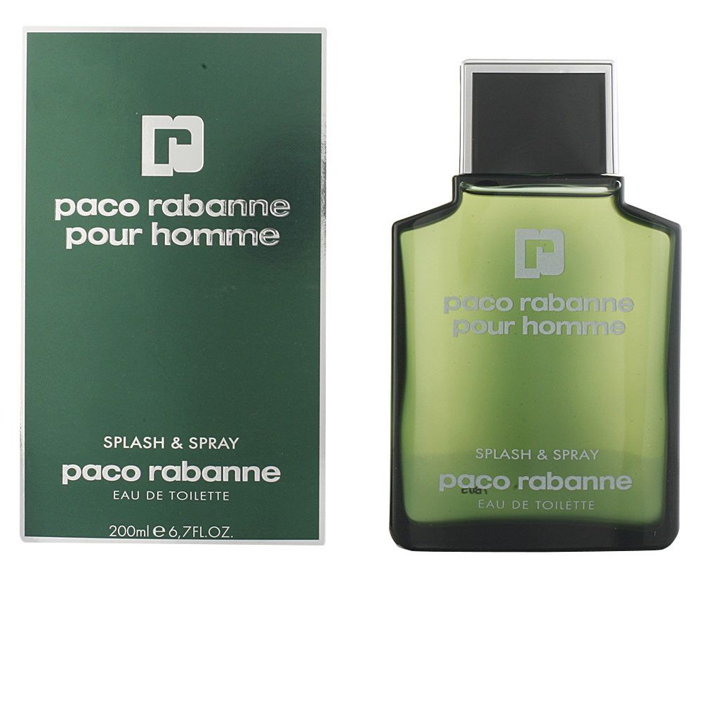 Paco Rabanne Pour Homme Eau de Toilette, Flakon und Verpackung. Grün, eckig, mit weißem Logo und Schriftzug.
