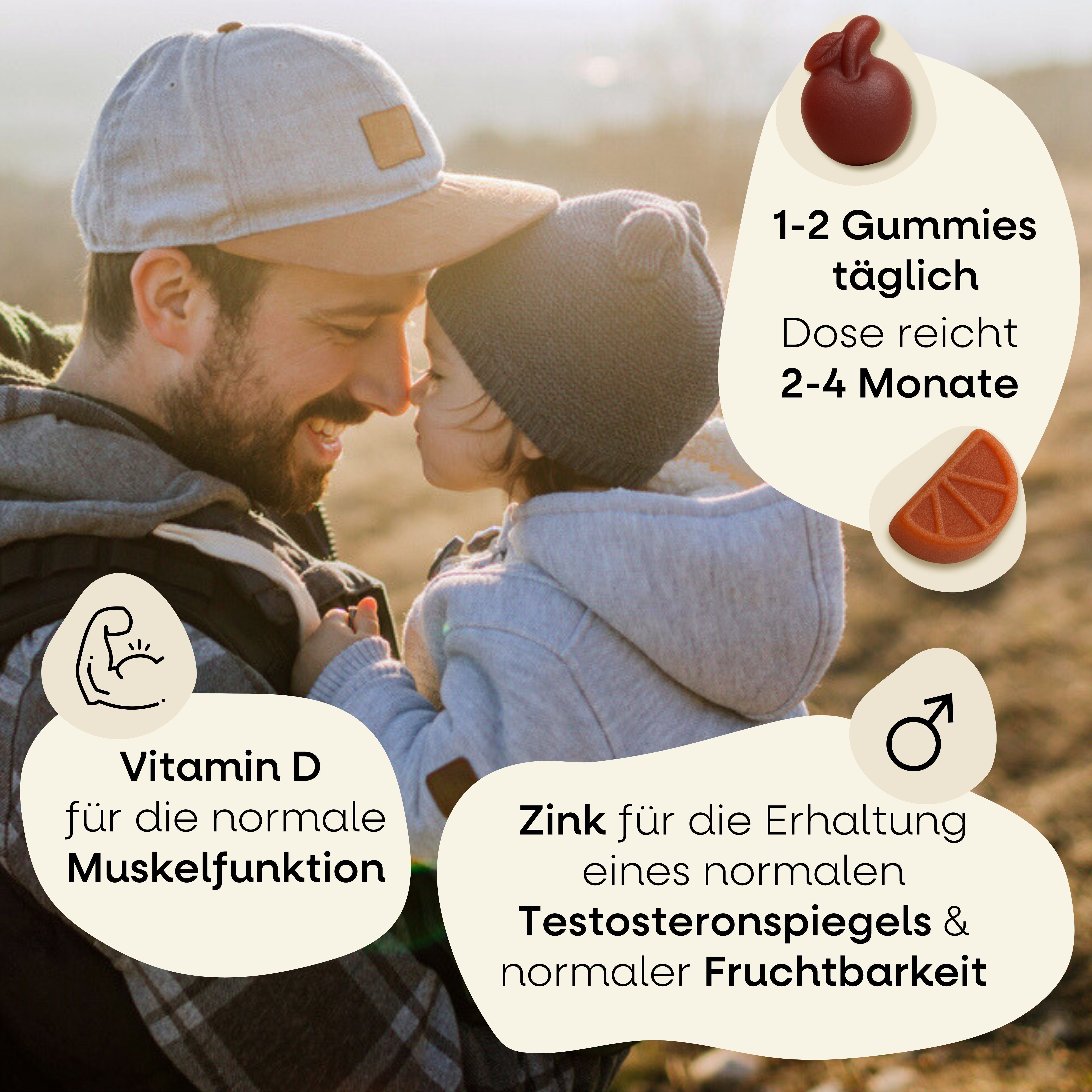 Vater und Kind. Text: 1-2 Gummies täglich. Dosis reicht 2-4 Monate. Vitamin D für Muskelfunktion. Zink für Testosteronspiegel & Fruchtbarkeit.
