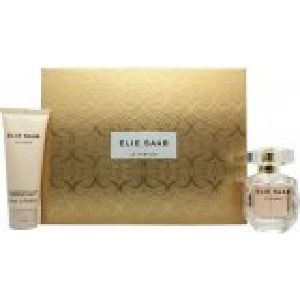 Geschenkset mit goldener Box, Lotion und Parfümflakon. Elie Saab Le Parfum Schriftzug.