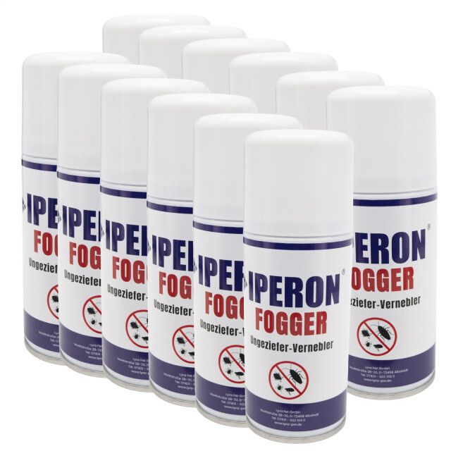 Mehrere weiße Sprühdosen mit blauer und roter Schrift. Aufschrift: IPERON FOGGER Ungeziefer-Vernebler. Insekten-Symbol.