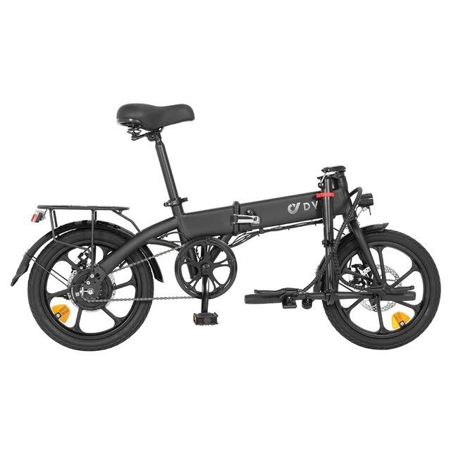 Schwarzes Elektro-Citybike. Marke DYU sichtbar. 16-Zoll-Räder, Gepäckträger, Sattel, Lenker, Pedale und Scheibenbremsen. Gefaltet.